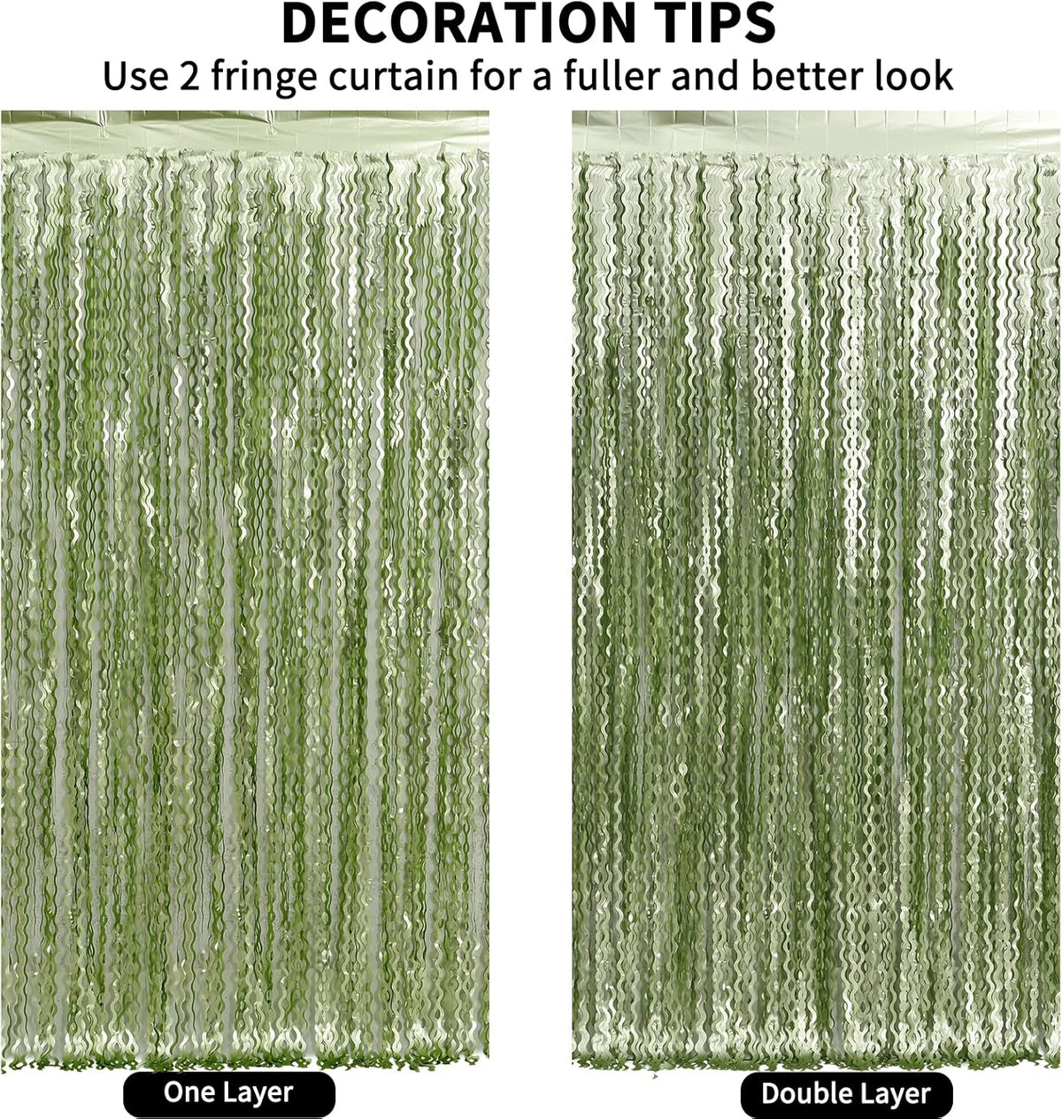 4 Pack Sage Green Wavy Metallic Tinsel Foil Fringe Curtains 3.3x6.6 Feet - Light Green Foil