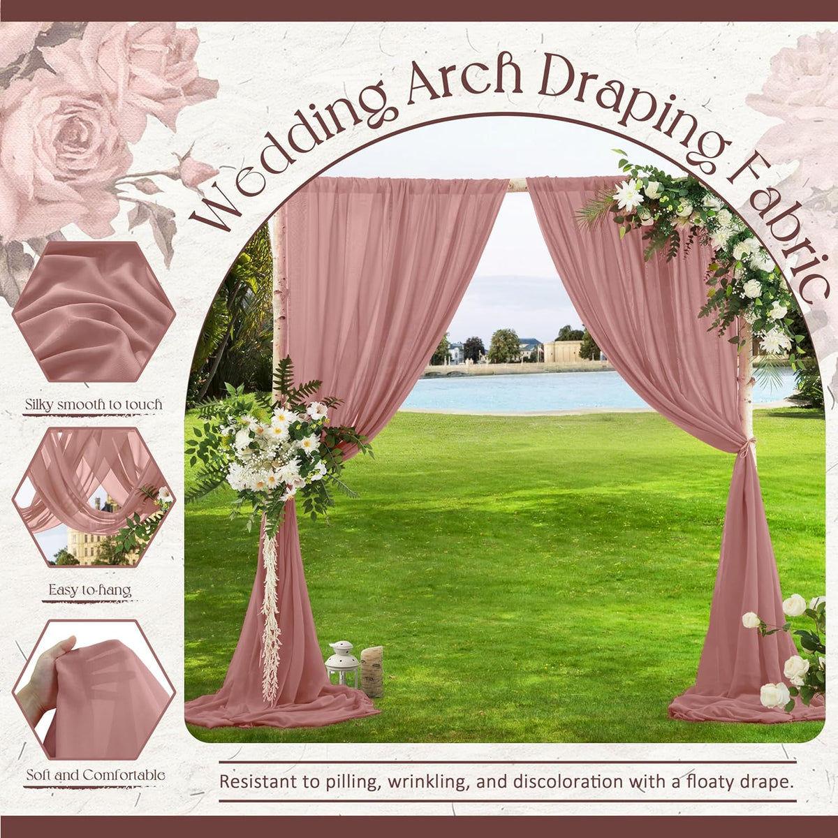 VACVELT Wedding Arch Draping Fabric Dusty Rose Chiffon, 1 Panel Sheer Drapes 30 Inch x 20ft Chiffon