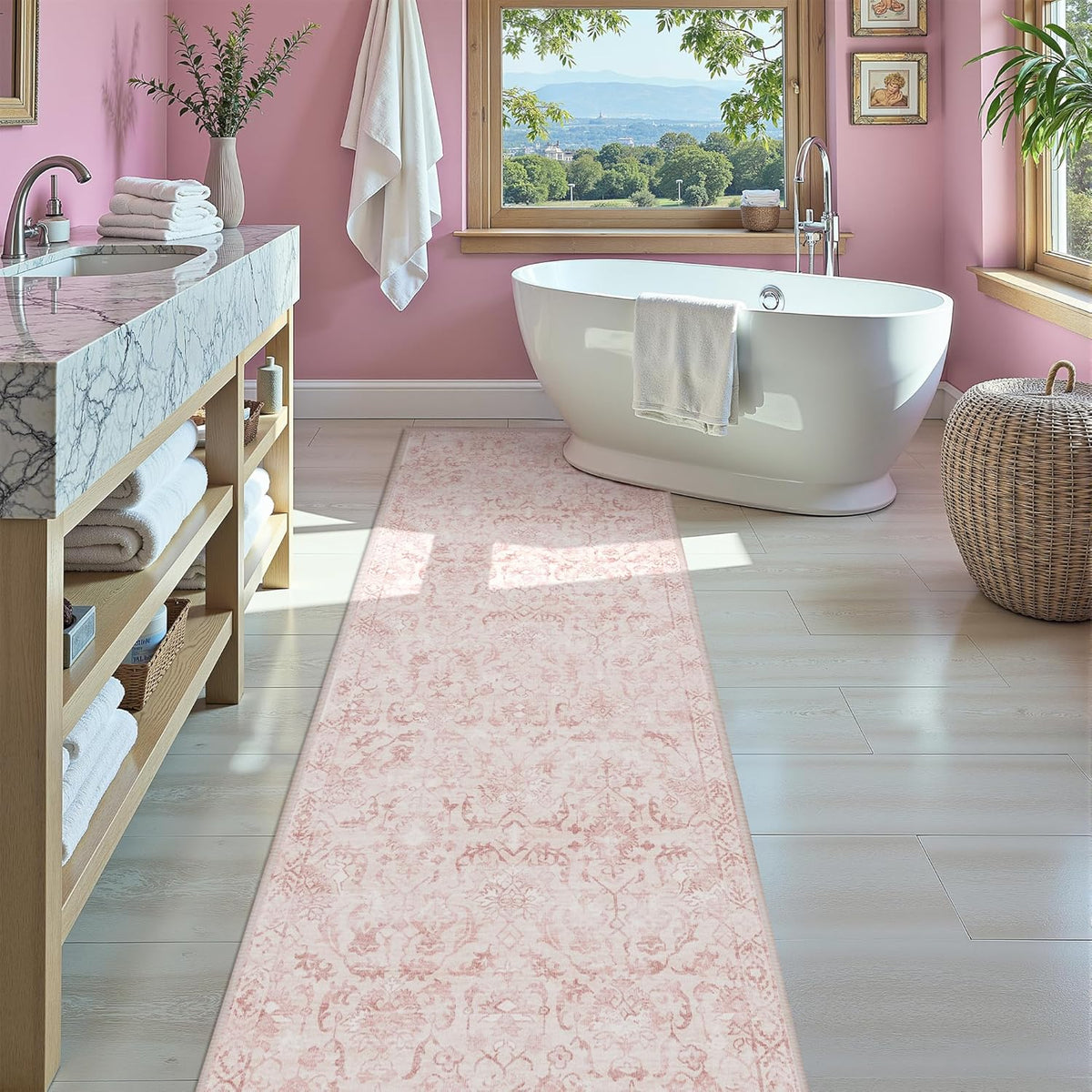 Pink 3x12 Runner Rug for Hallways Bed Side Kitchen, Boho Washable Distressed Low-Pile Floor