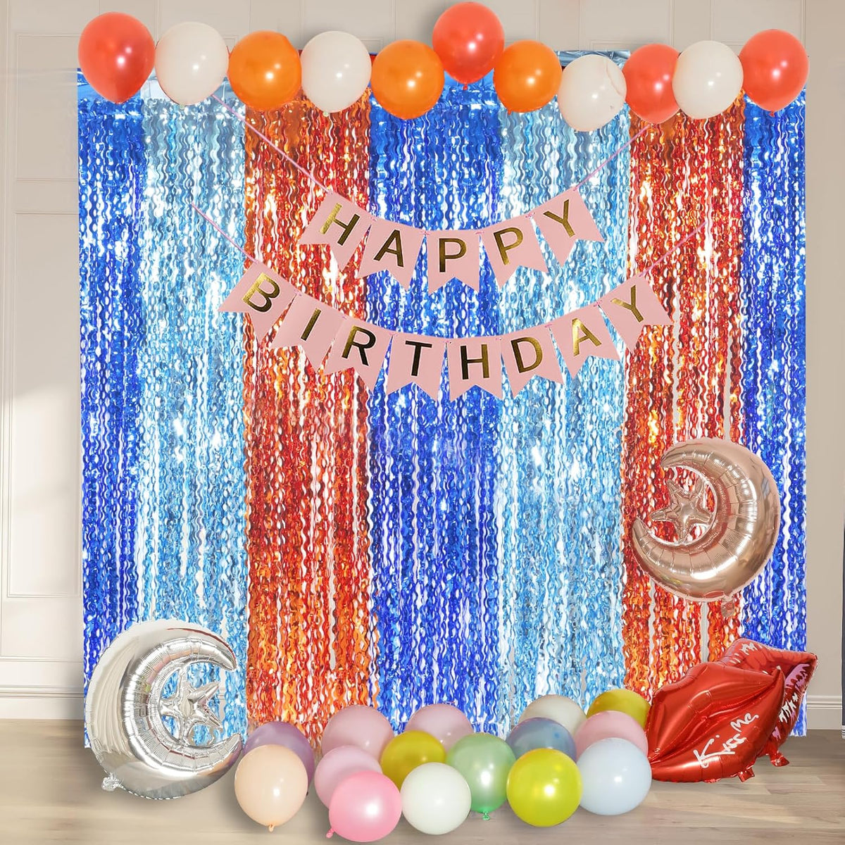 3 Pack Wavy Blue Dog Tinsel Backdrop Party Decorations - 3.3x6.6ft Orange and Dark Light Blue