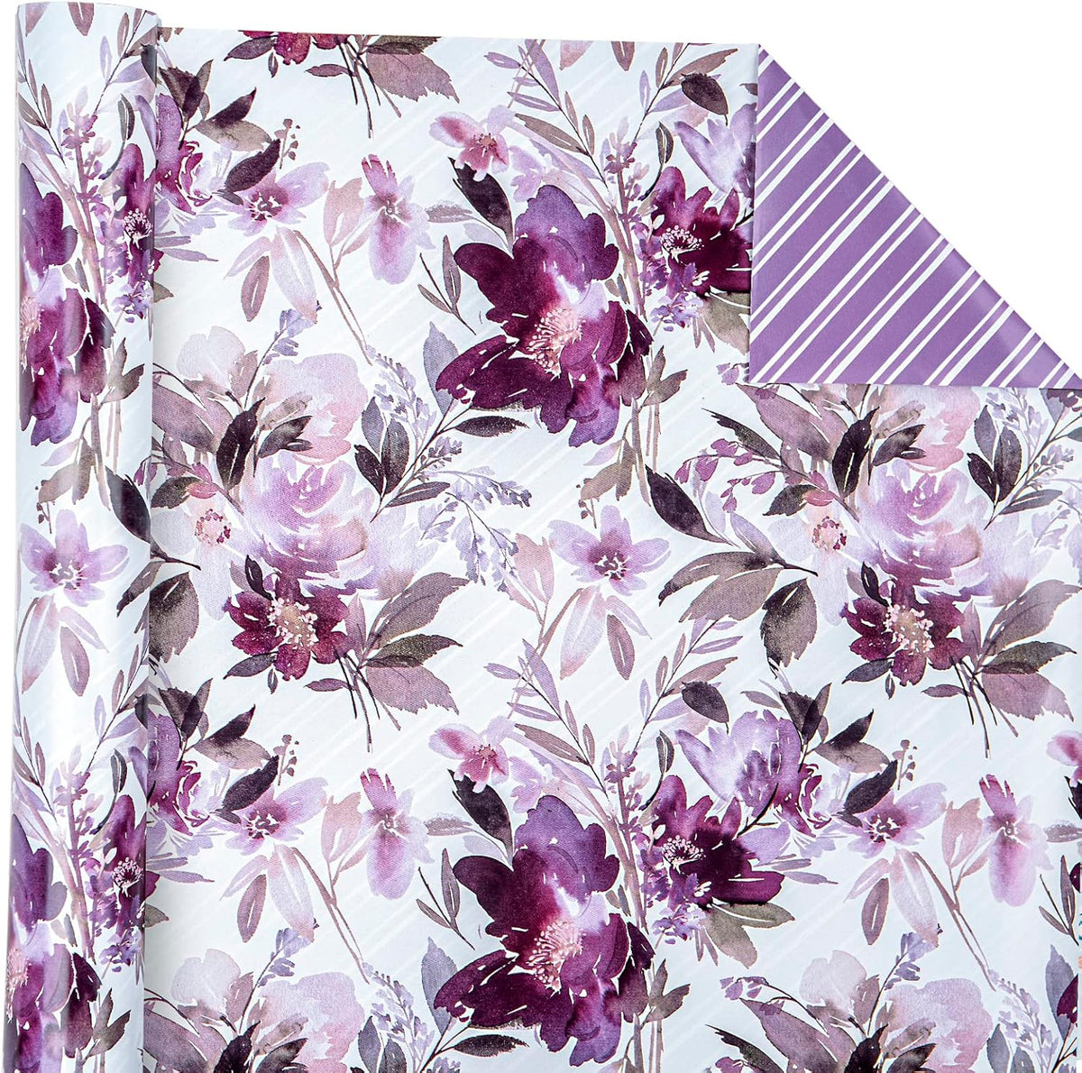 WRAPAHOLIC 30 Inch Jumbo Reversible Floral Wrapping Paper - 30 Inch X 33 Feet - Purple Floral