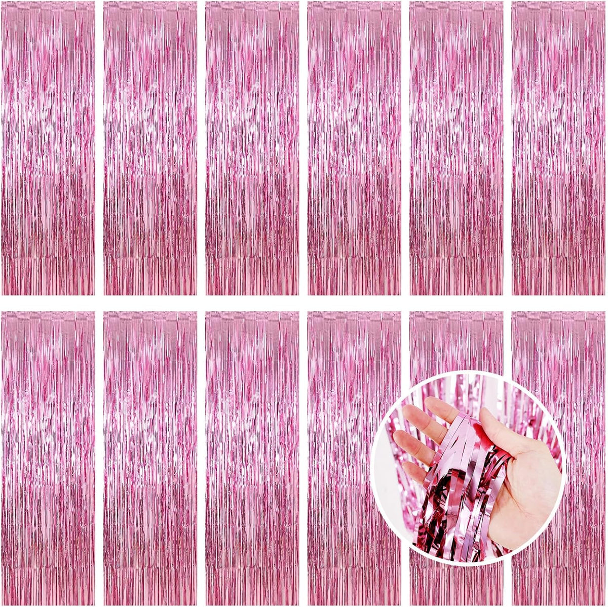 Pink Fringe Curtain Party Streamers, 12 Pack 3.3ft x 8.2ft Foil Curtain Backdrop Tinsel Foil Fringe