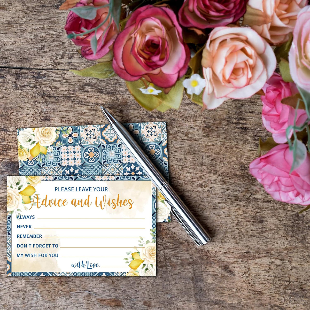 Mediterranean Lemon Advice and Wishes Cards, 25 Pcs Italian Blue Tiles Double Sided Advice Cards