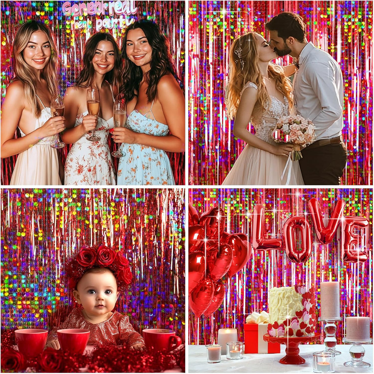 4 Packs Red Foil Fringe Curtain, Red Glitter Metallic Tinsel Backdrop for Birthday, Wedding, Baby