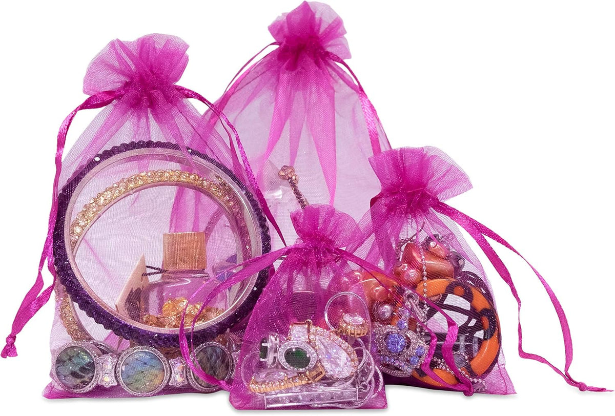 TheDisplayGuys 48-Pack 4x6 Hot Pink Sheer Organza Gift Bags with Drawstring, Jewelry Candy Treat