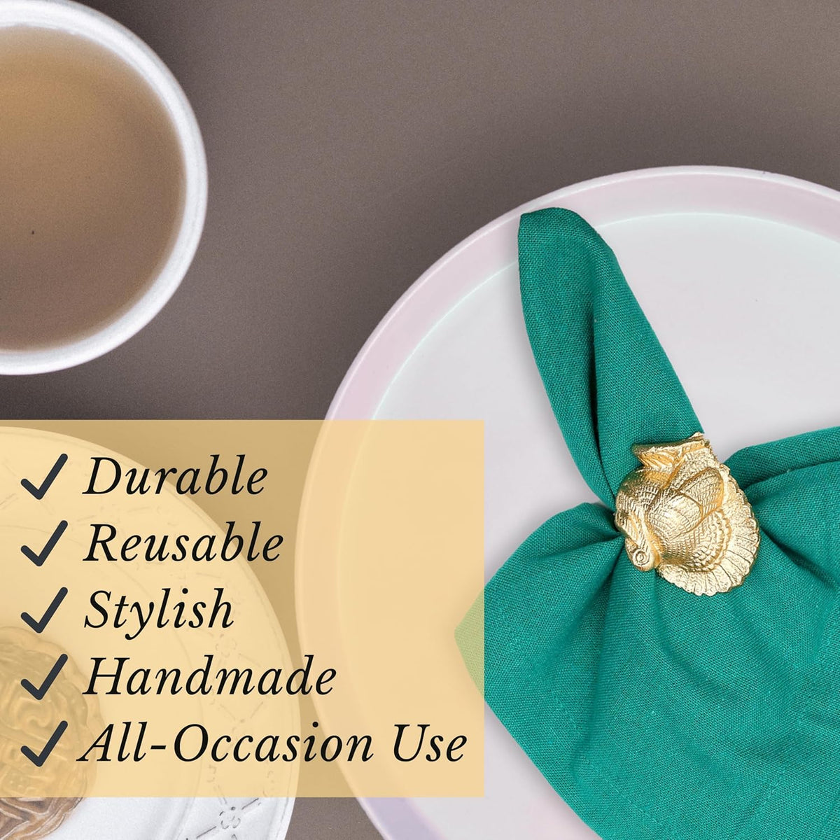 Gold Napkin Rings Set of 12 - Turkey Bird Stylish Metal Lightweight Serviette Holders for Elegant