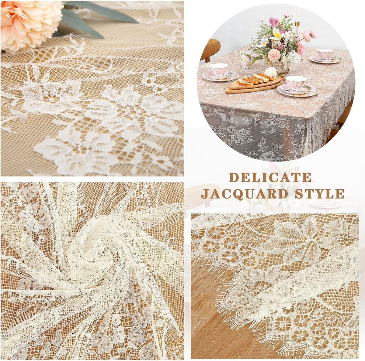 LuoluoHouse Pack of 6 Lace Tablecloth Ivory Table Fabric 60x120 Inch for Rustic Boho Wedding Bridal