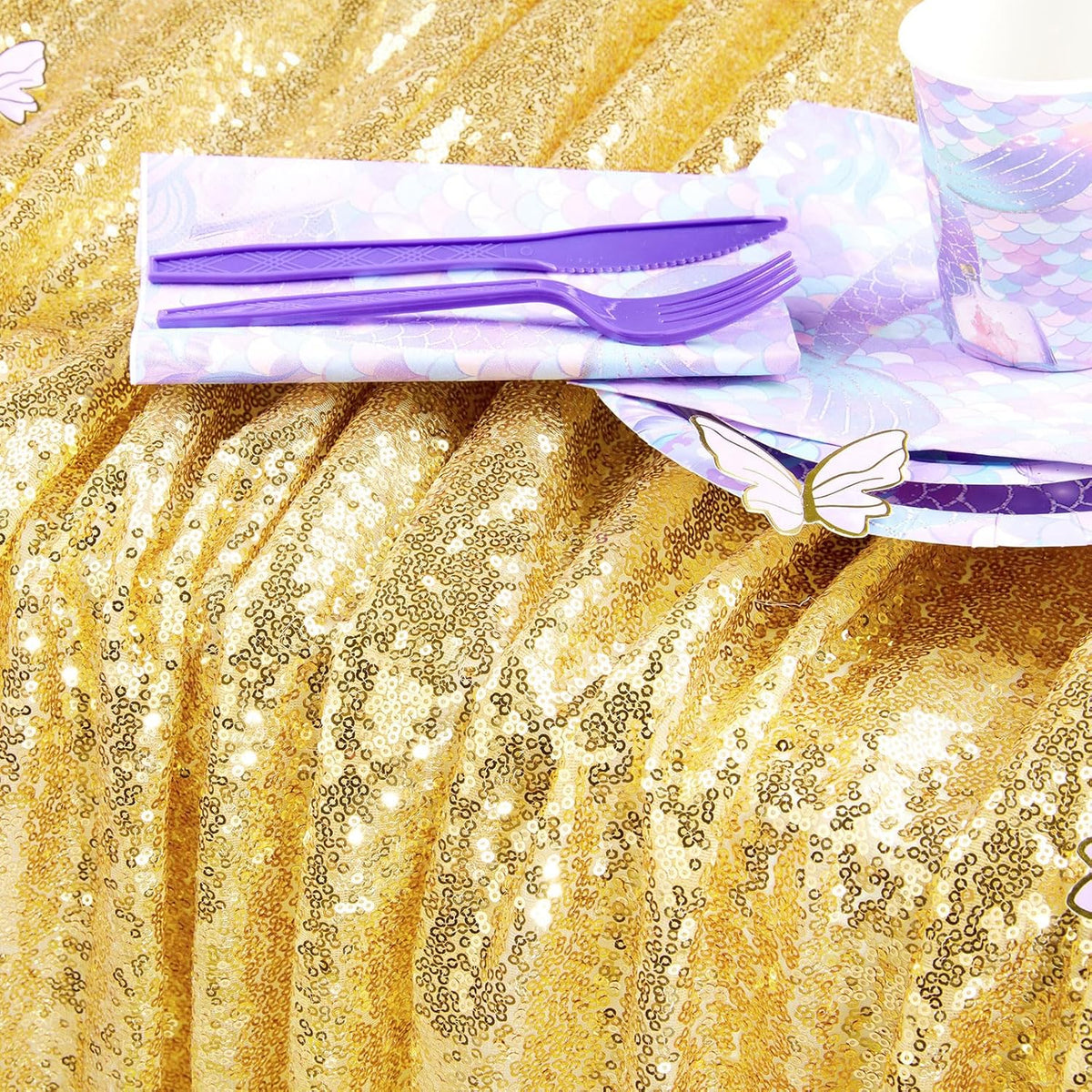 QueenDream 90x132inch Rectangle Sparkly Gold Sequin Tablecloth Wedding Glitter Tablecloth for