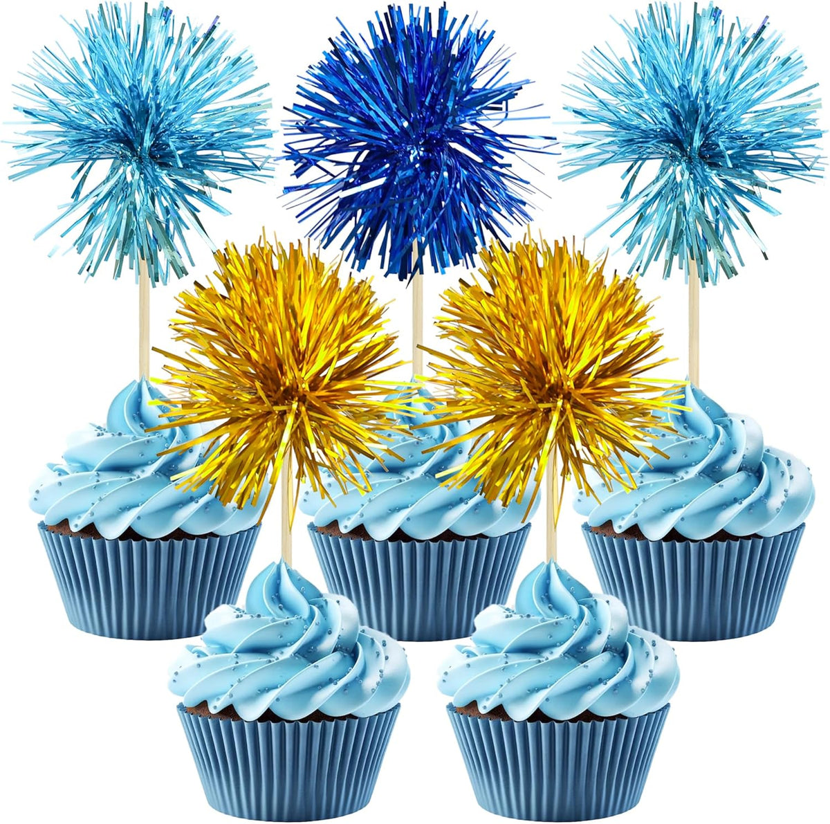 Gyufise 30Pcs Foil Firework Cupcake Toppers Sparkle Tinsel Cake Toppers Tinsel Drink Cake