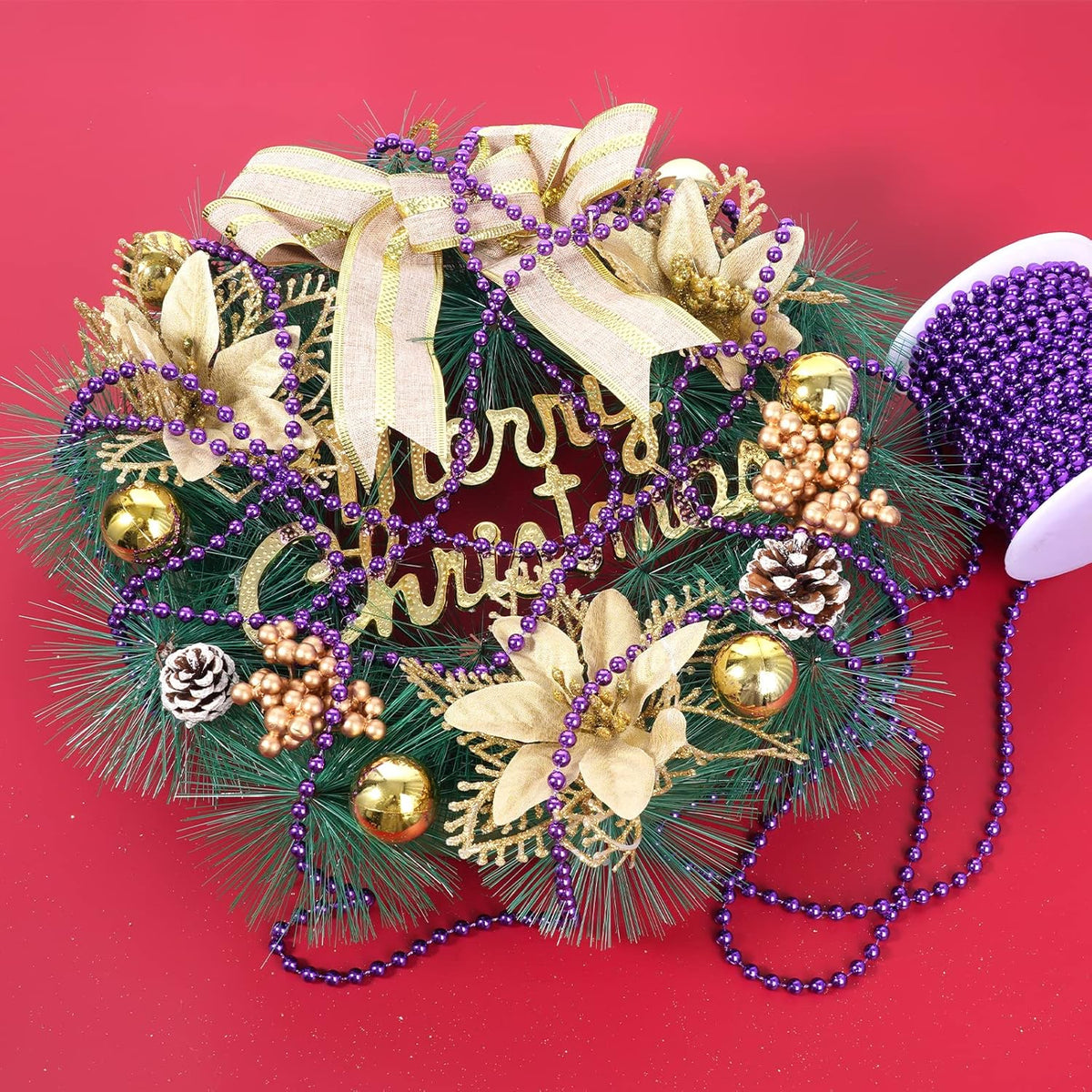 Faux Purple Pearl Beads Garland - 6mm Christmas Tree Beads 22 Yards Spool Pearl String Roll for