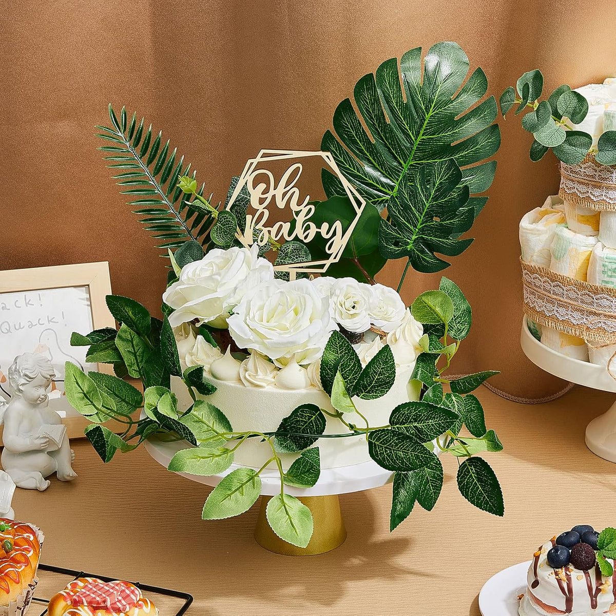 34-piece Wood Cake Topper Set - Boho Cake Decorations with Artificial Eucalyptus Leaves for Gender
