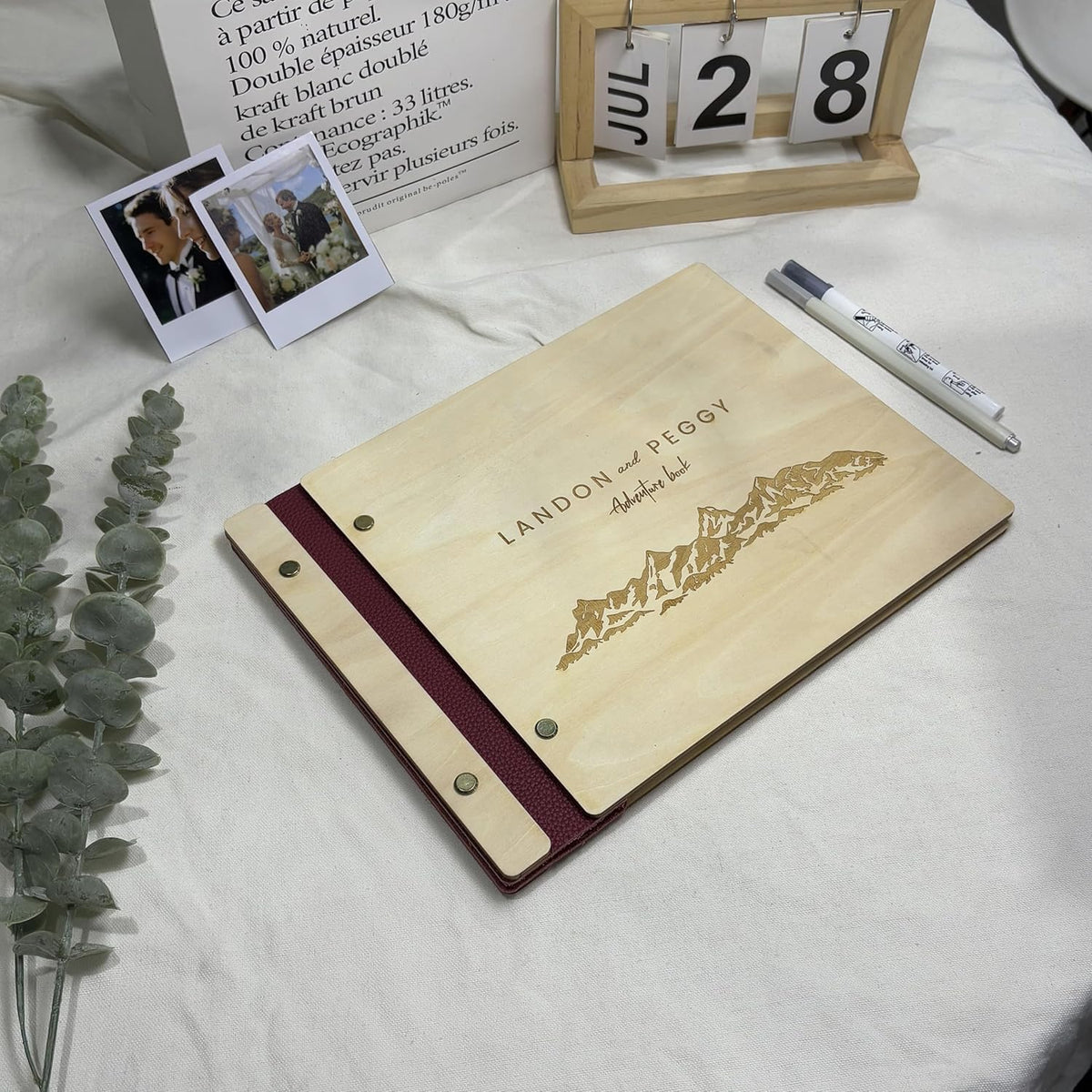 NBE Personalized Wooden Guest Book - Custom Wedding Sign-In Book with Burgundy Spine - Rustic Photo