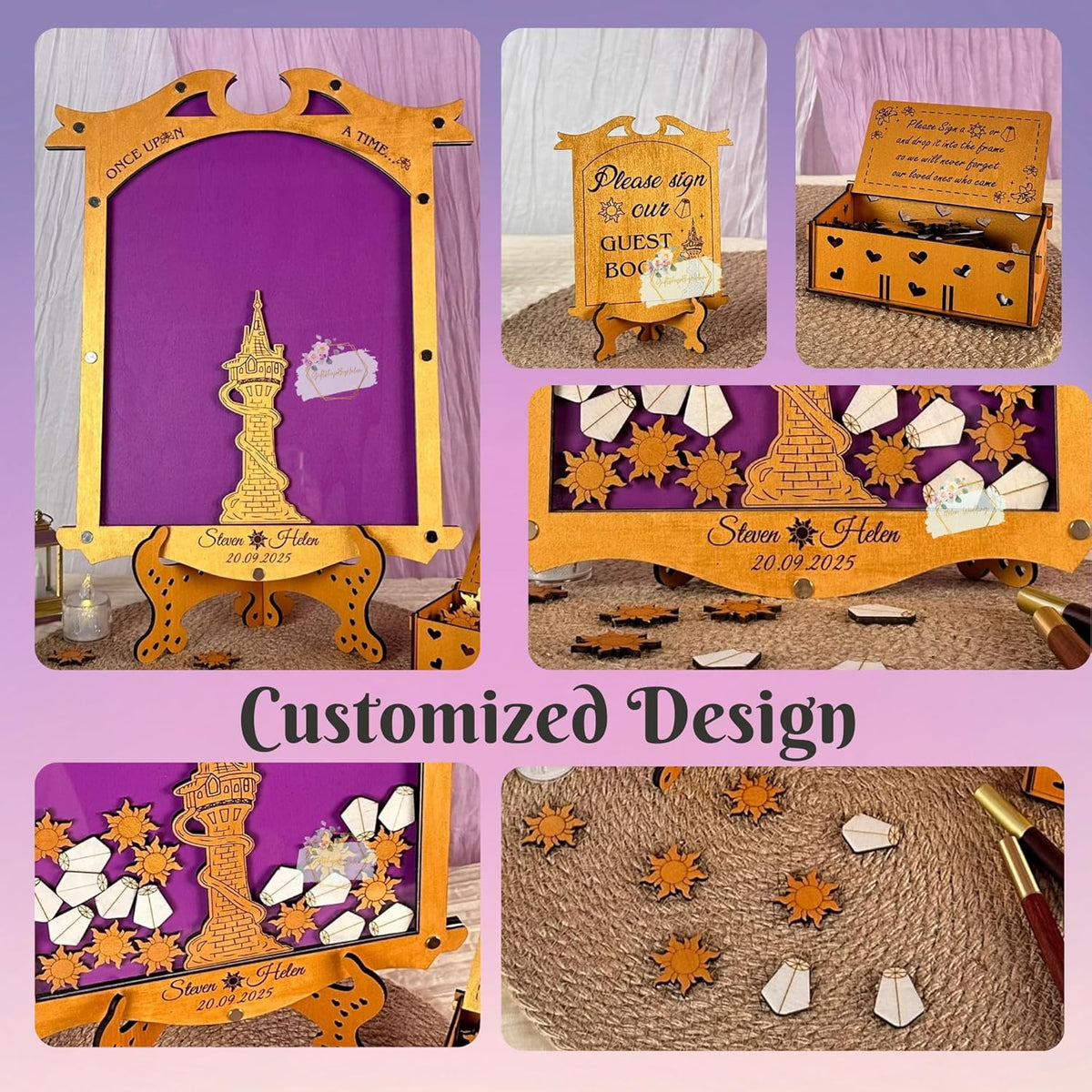 Tangled Guest Book Wedding Alternative | Gold Princess Tower Guestbook | Personalized Wooden Drop