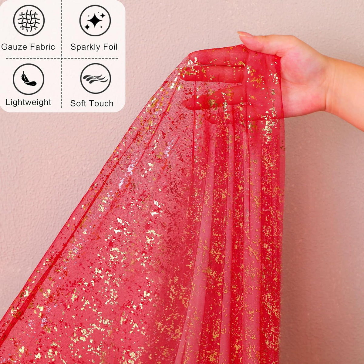 Snowkingdom 10FT Red Gold Table Runner, Sequin Glitter Sheer Chiffon Gauze Cheesecloth Runner 120
