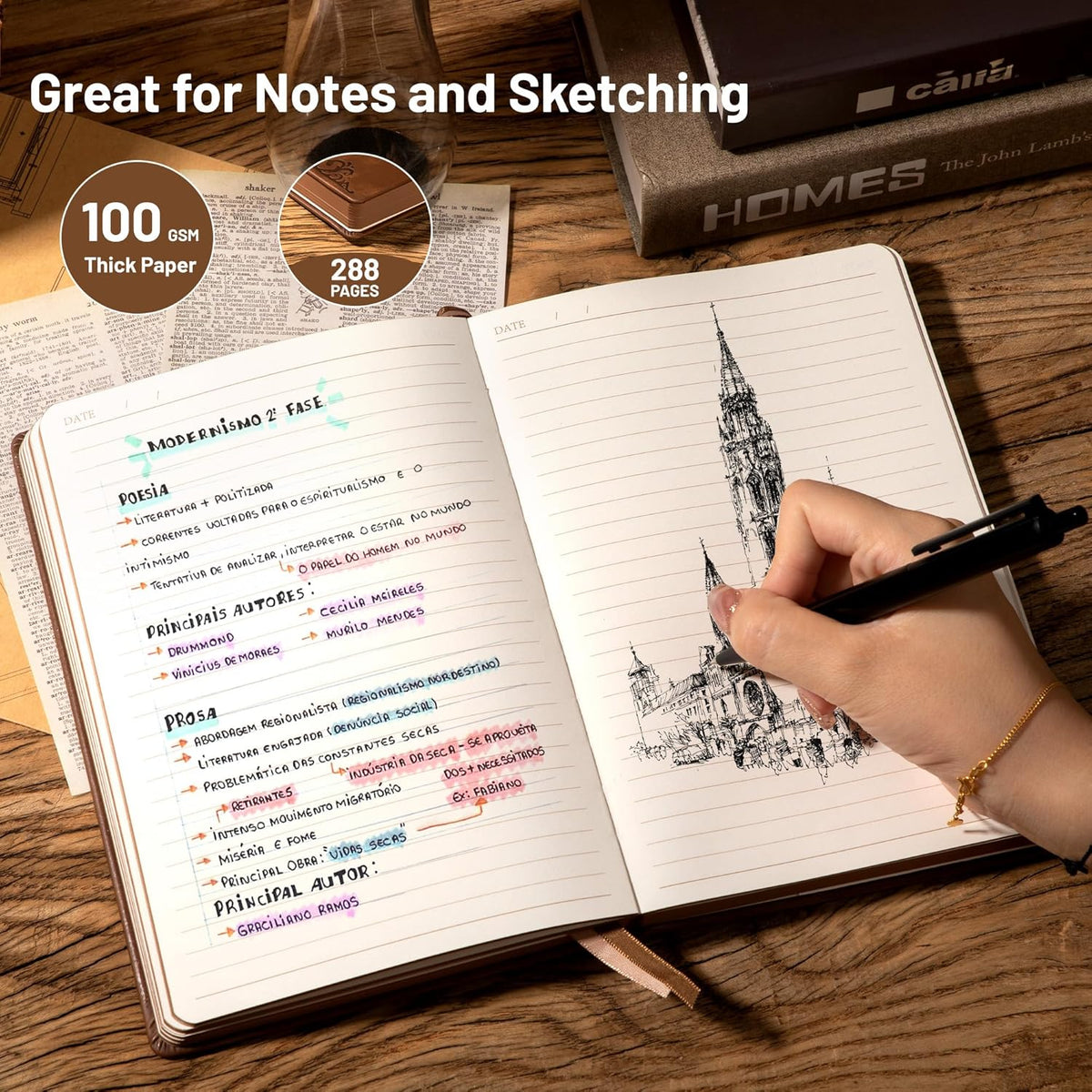 CAGIE Compass Leather Notebook Journal for Men, 100 GSM 288 Pages Lined Journals for Writing, A5