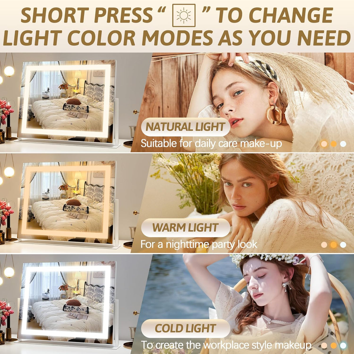 Vanity Mirror with Lights 22"x18", Lighted Makeup Mirror with 10X Magnification, Smart Touch 3