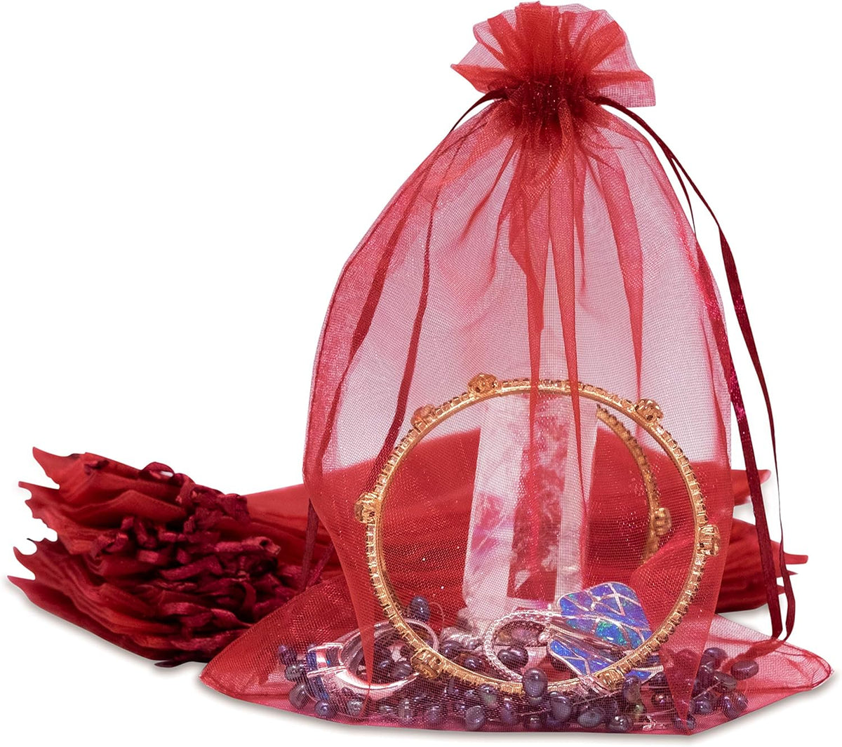 TheDisplayGuys 100-Pack 6x8 Maroon Sheer Organza Gift Bags with Drawstring, Jewelry Candy Treat