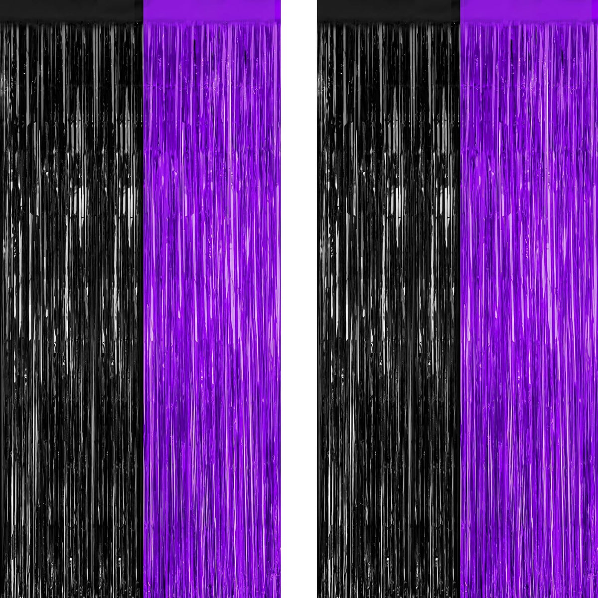 2 Pack Halloween Decor, 3.28 FT x 7.05 FT Purple and Black Foil Streamer, Metallic Fringe Curtains
