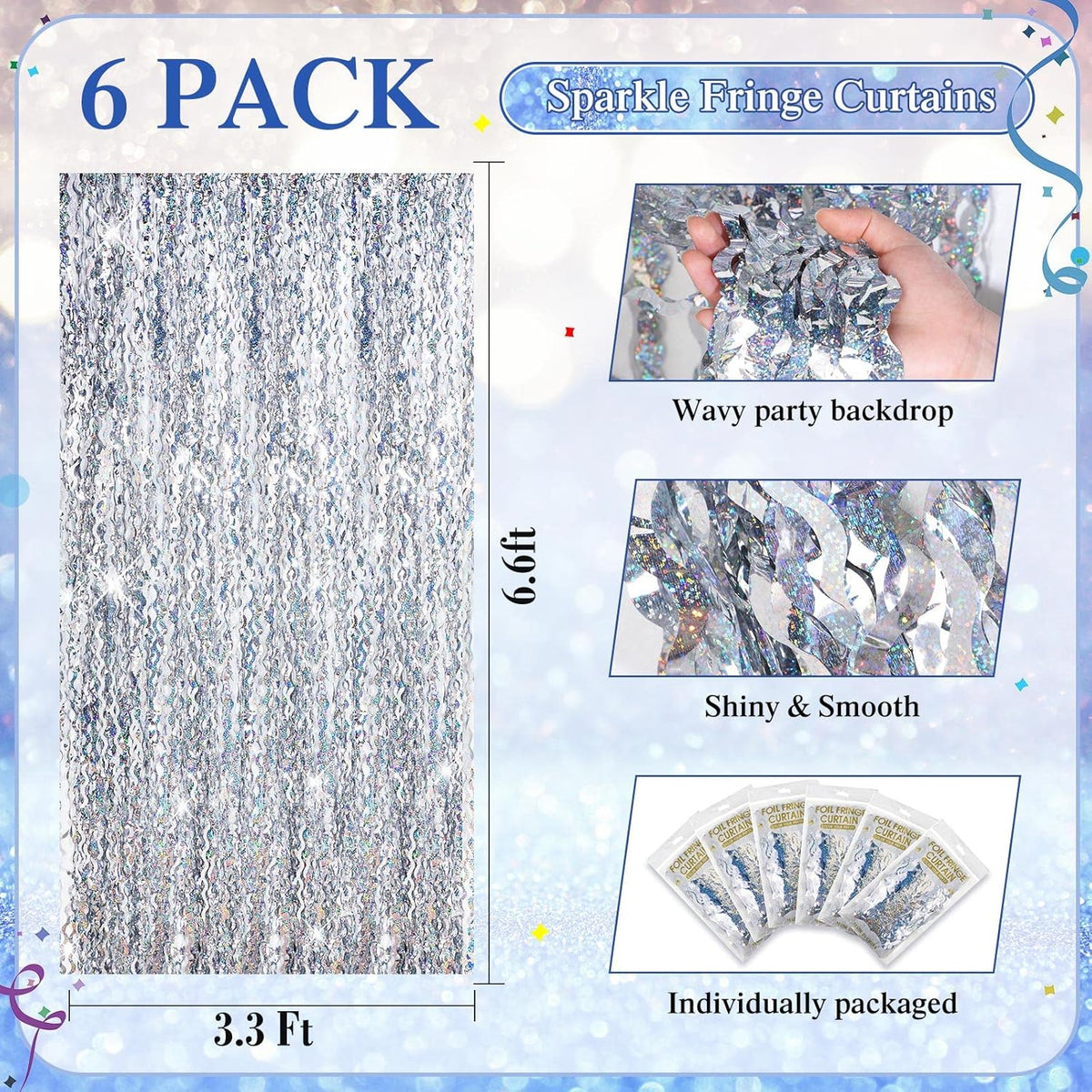 Jutom 6 Pieces 3.3 x 6.6 ft Wavy Tinsel Foil Fringe Curtains Foil Fringe Streamer Backdrop Party