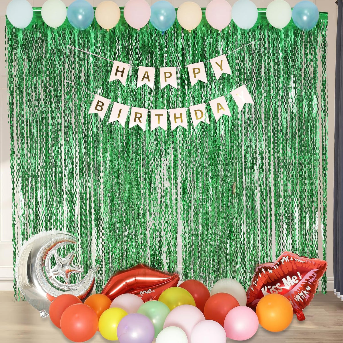 4Pcs Wavy Green Fringe Backdrop -3.3x6.6ft Green Streamer Foil Curtains for Jungle Party