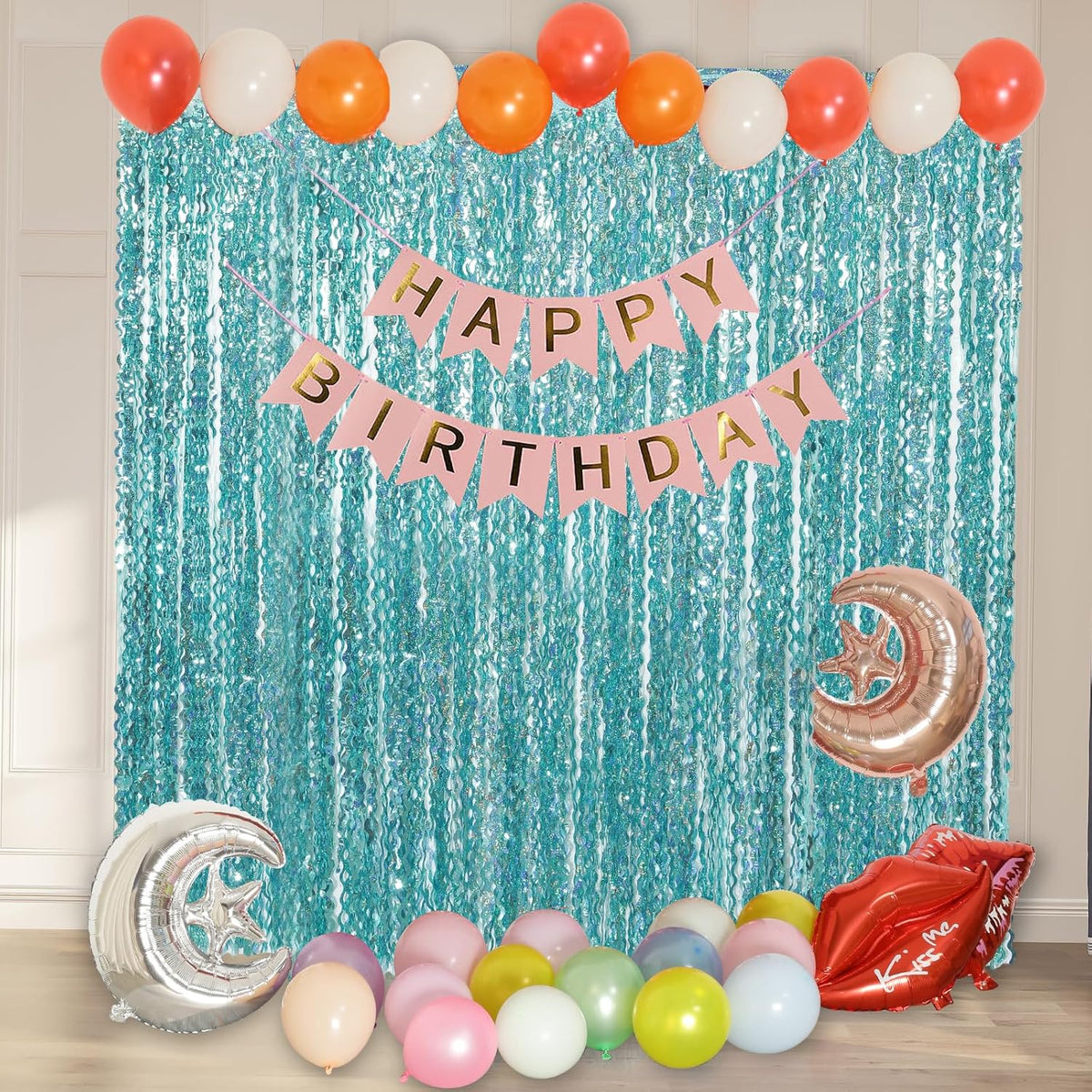 4 Pack 3.3 ft x 6.6 ft Wavy Sparkle Aqua Teal Blue Foil Curtain - Water Blue Foil Streamers for