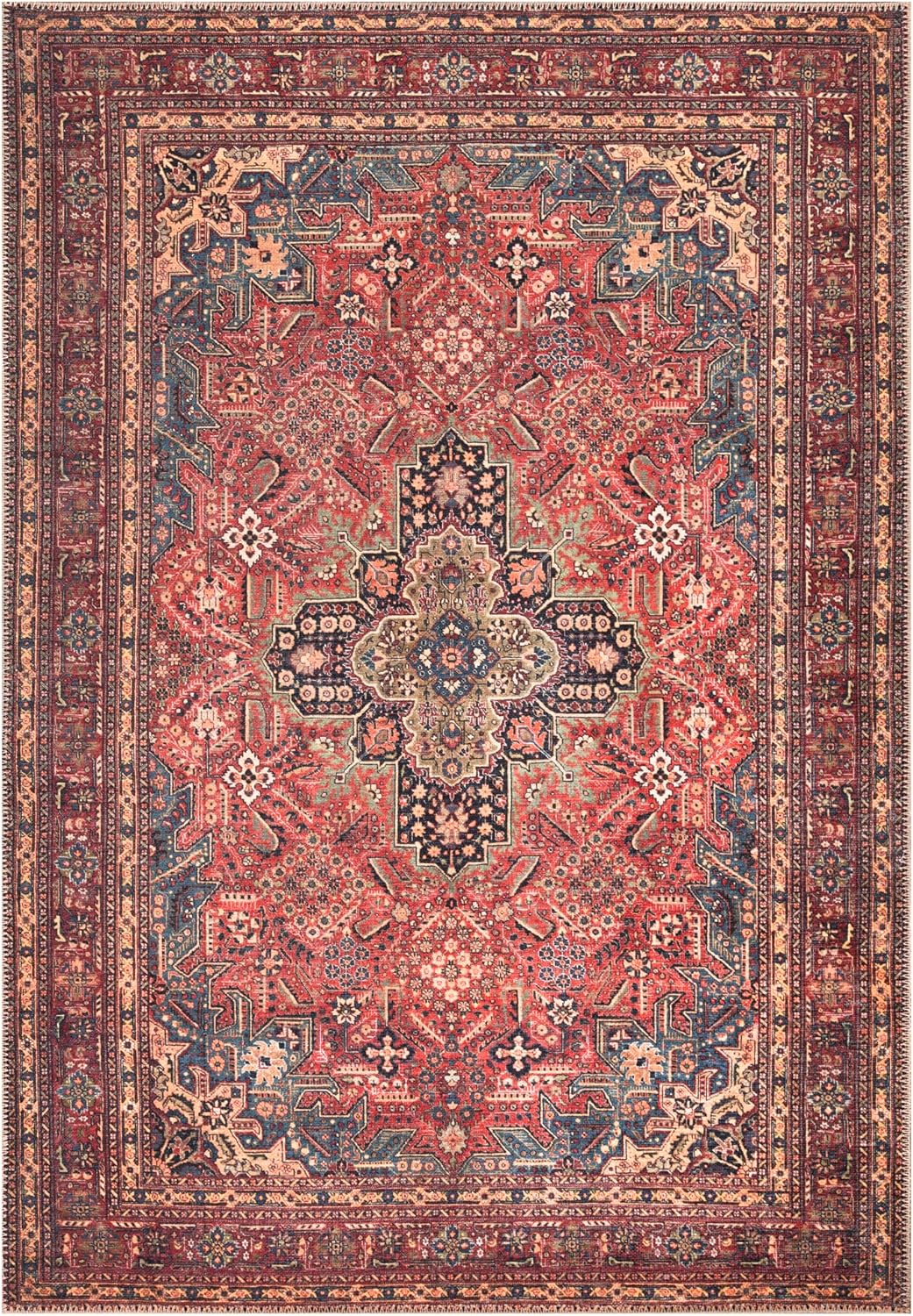 Bloom Rugs Washable Non-Slip 2' x 3' Rug - Red/Teal Blue/Yellow Traditional Medallion Area Rug for