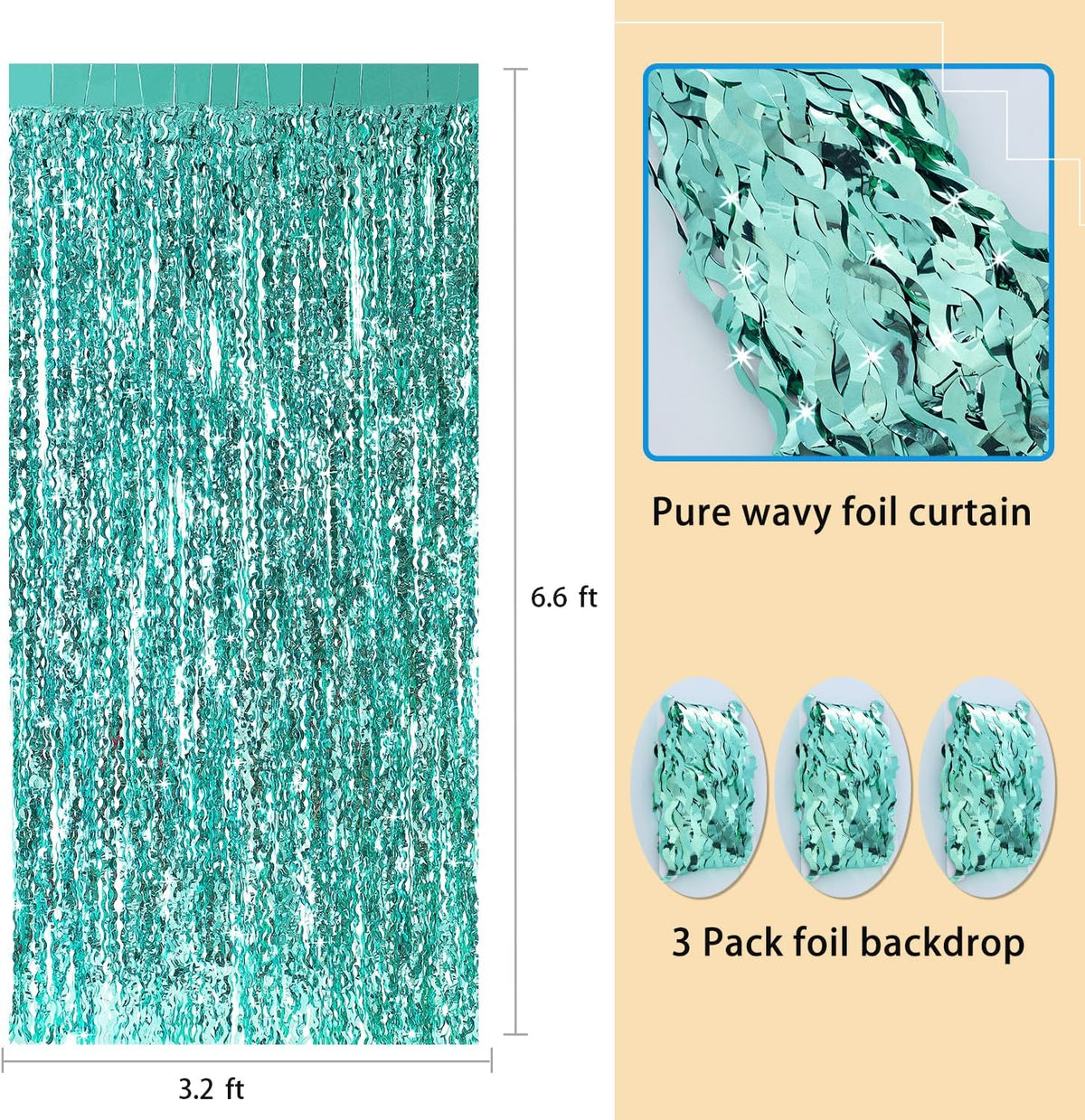 3 Pack Teal Aqua Blue Wave Foil Curtains - 3.3 ft x 6.6 ft Tinsel Metallic Streamers for Photo