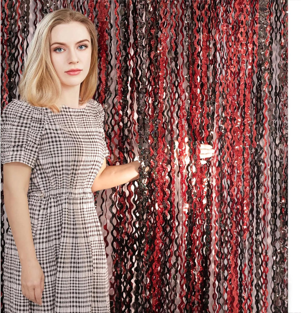 4 Pack 3.3x6.6 ft Red and Black Foil Fringe Backdrop Curtains - Wavy Tinsel Streamers Birthday