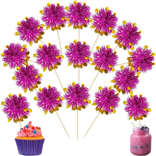 Ephlyn 30Pcs Foil Firework Cupcake Toppers Party Birthday Cake Toppers Supplies Sparkle Tinsel