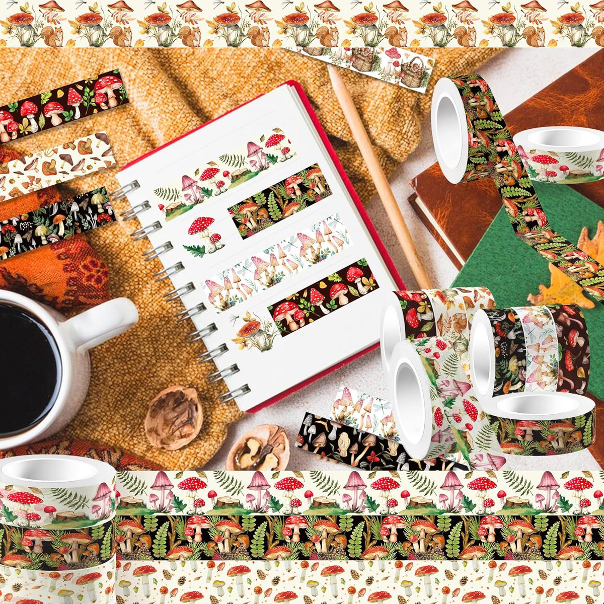Adirasenotek 12 Rolls Mushroom Washi Tape Set,Vintage Washi Tape Decorative Paper Stickers