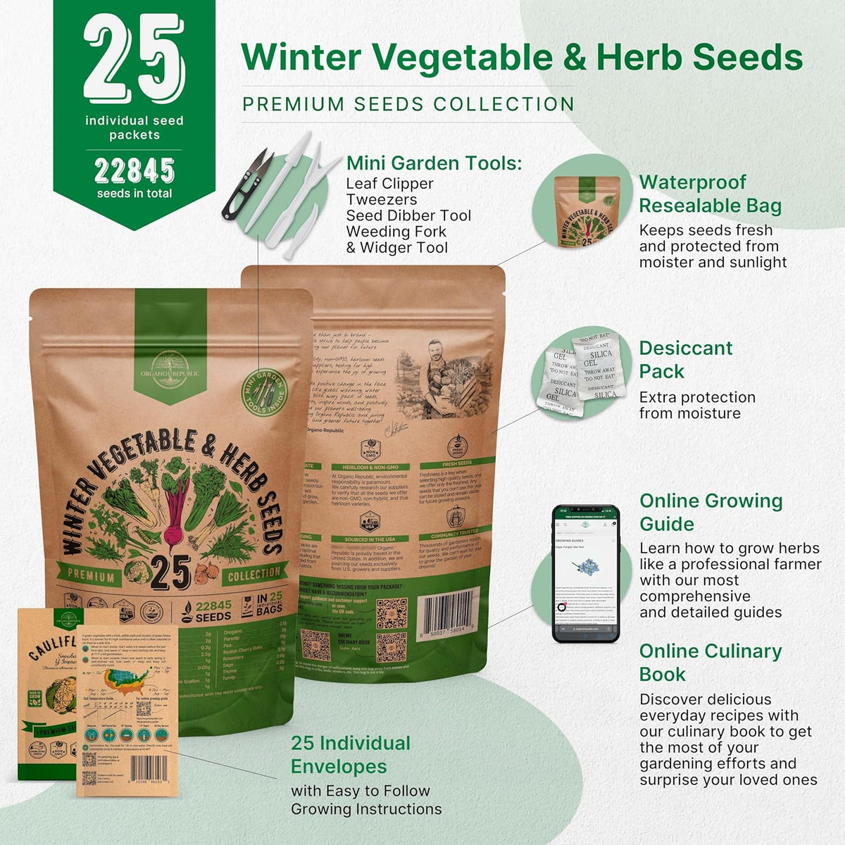 Organo Republic 25 Winter Vegetable & Herb Garden Seeds Variety Pack for Outdoors & Indoor Home