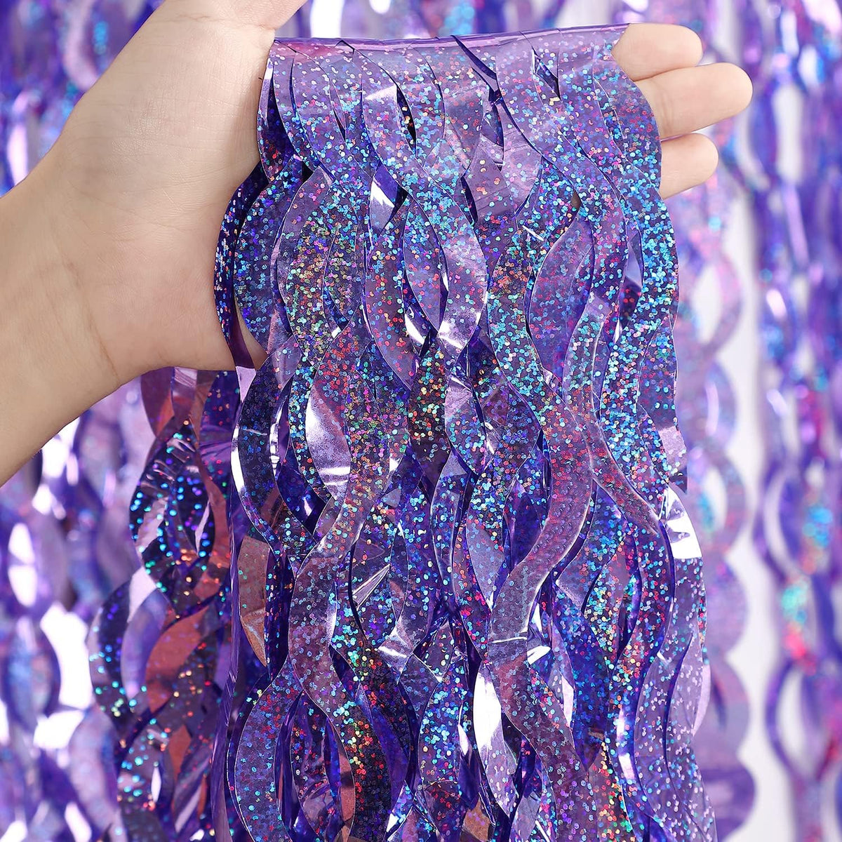 Purple Foil Fringe Curtains Party Decorations - CYLMFC 3 Pack 3.3 ft x 6.6 ft Foil Party Curtain