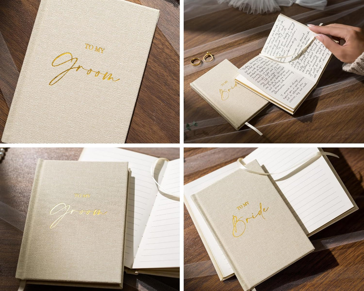 Hard Cover Vow Books (Set of 2) - To My Bride & To My Groom Matching Ivory Pocket Sized Foil
