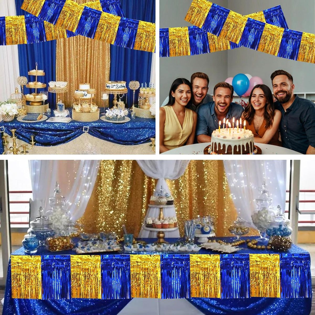 BEISHIDA 3 Packs Metallic Foil Fringe Garland Blue Gold Wall Hanging Tinsel Fringe Banners for Car