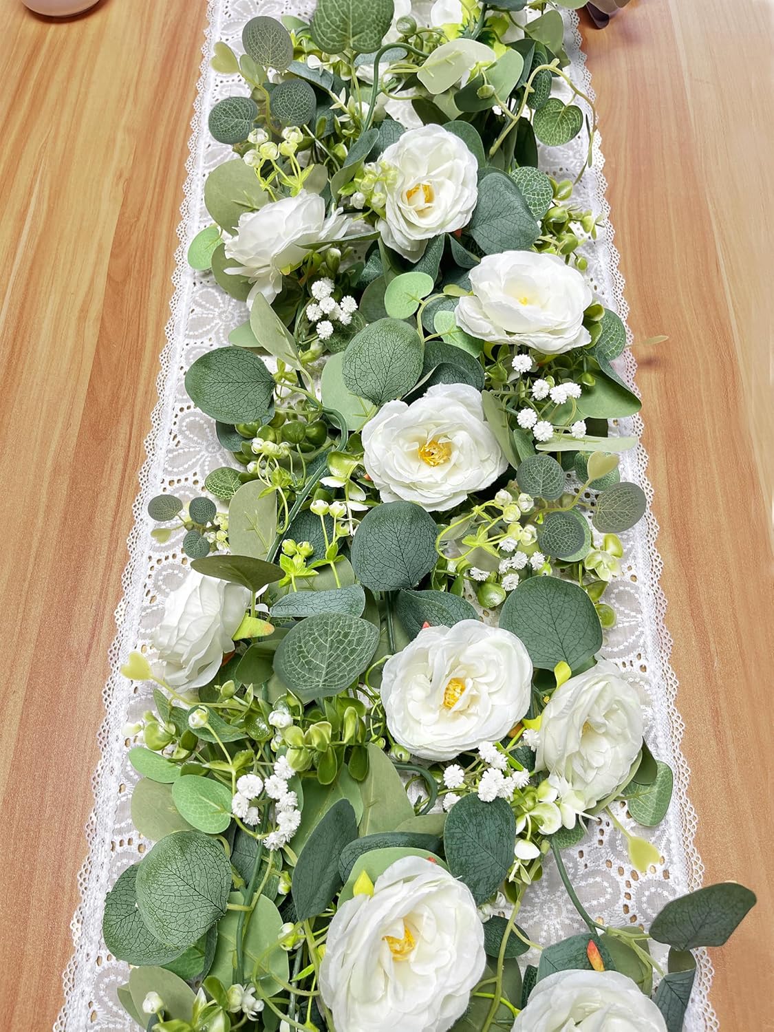2 Pack 12Ft Artificial Eucalyptus Flower Garland with White Roses, Fake Flowers Greenery Garland