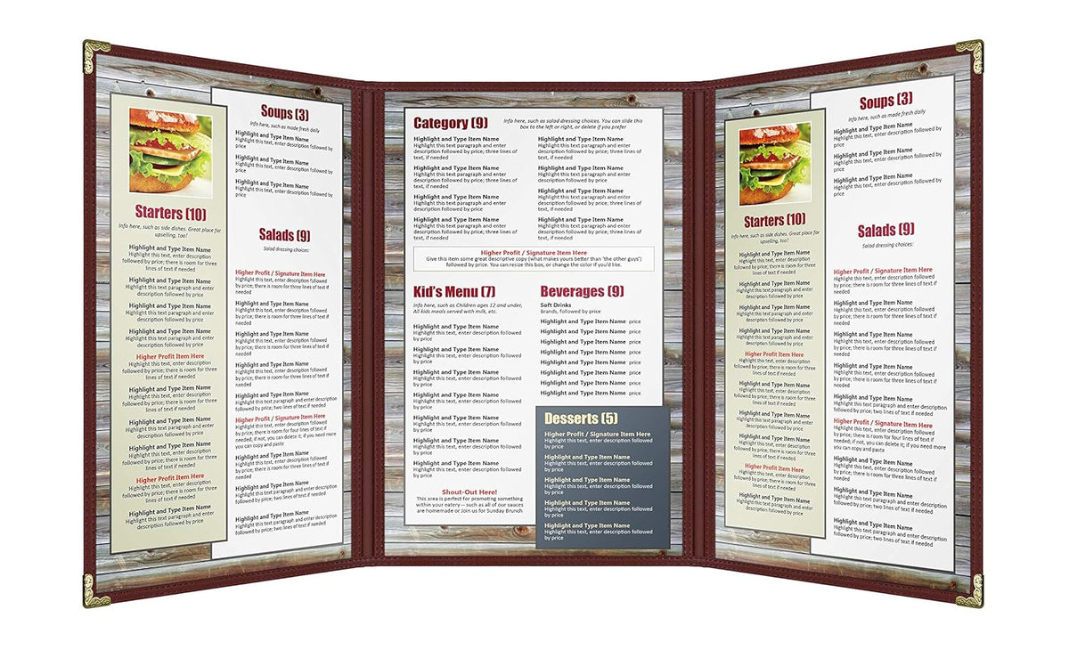Goodsmart Restaurant Menu Covers – 25 Pack Burgundy 6-View Trifold 8.5" x 14", Side-Loading Vinyl &