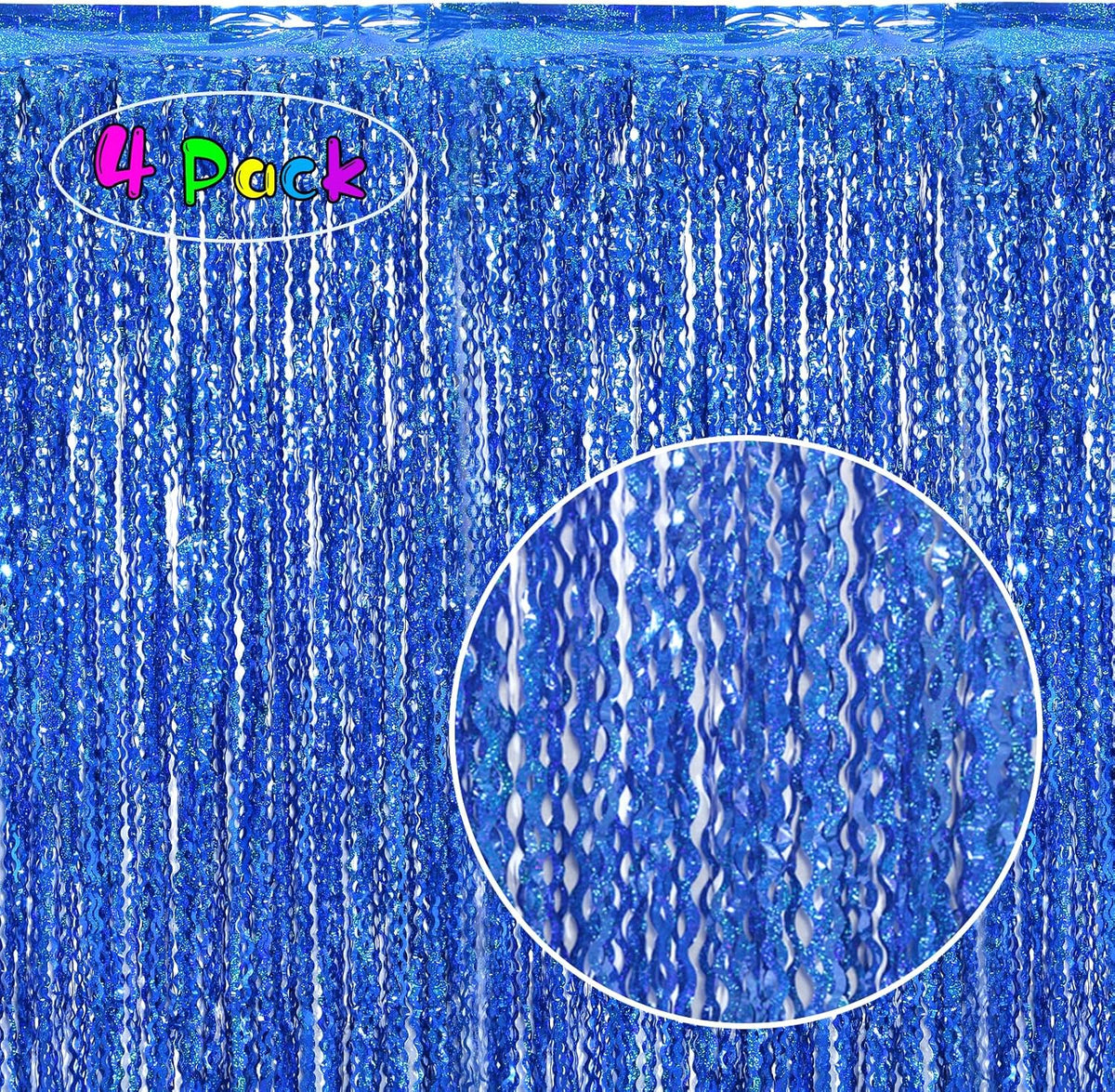 4 Pack 3.3 ft x 6.6 Wavy Sparkle Dark Blue Foil Fringe Backdrop Curtain - Navy Blue Streamer