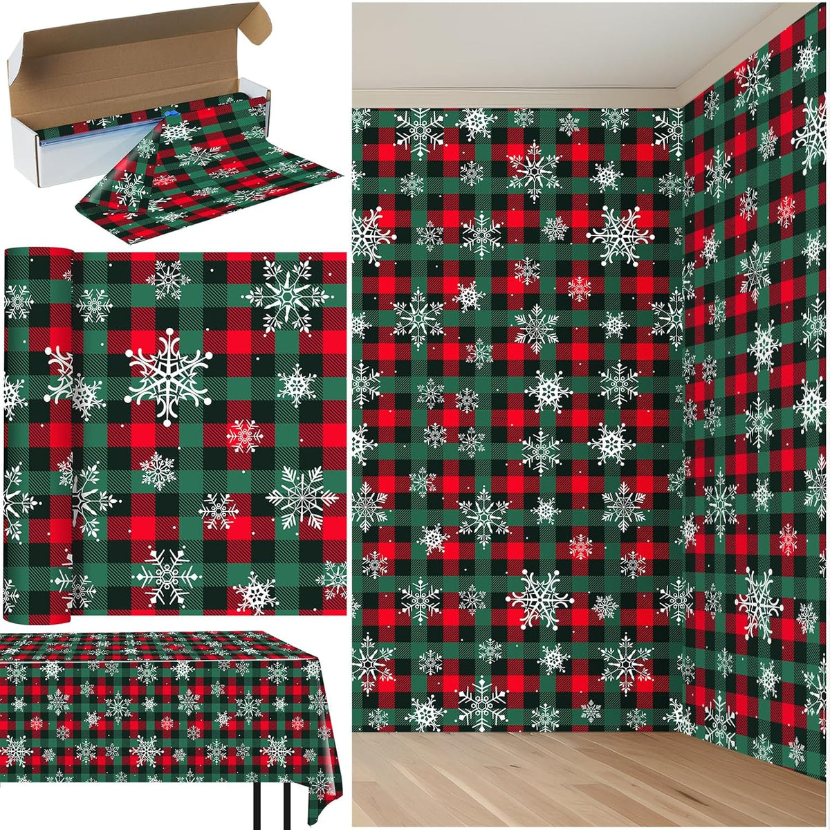 4.5x 100 Ft Roll of Christmas Buffalo Plaid Plastic Tablecloth Decorations,Disposable Red Green