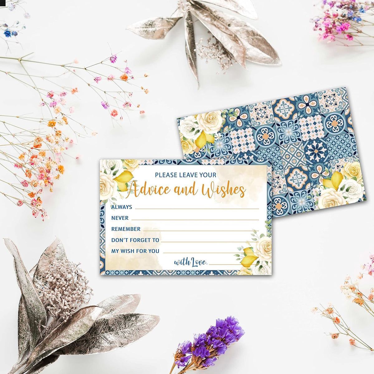 Mediterranean Lemon Advice and Wishes Cards, 25 Pcs Italian Blue Tiles Double Sided Advice Cards