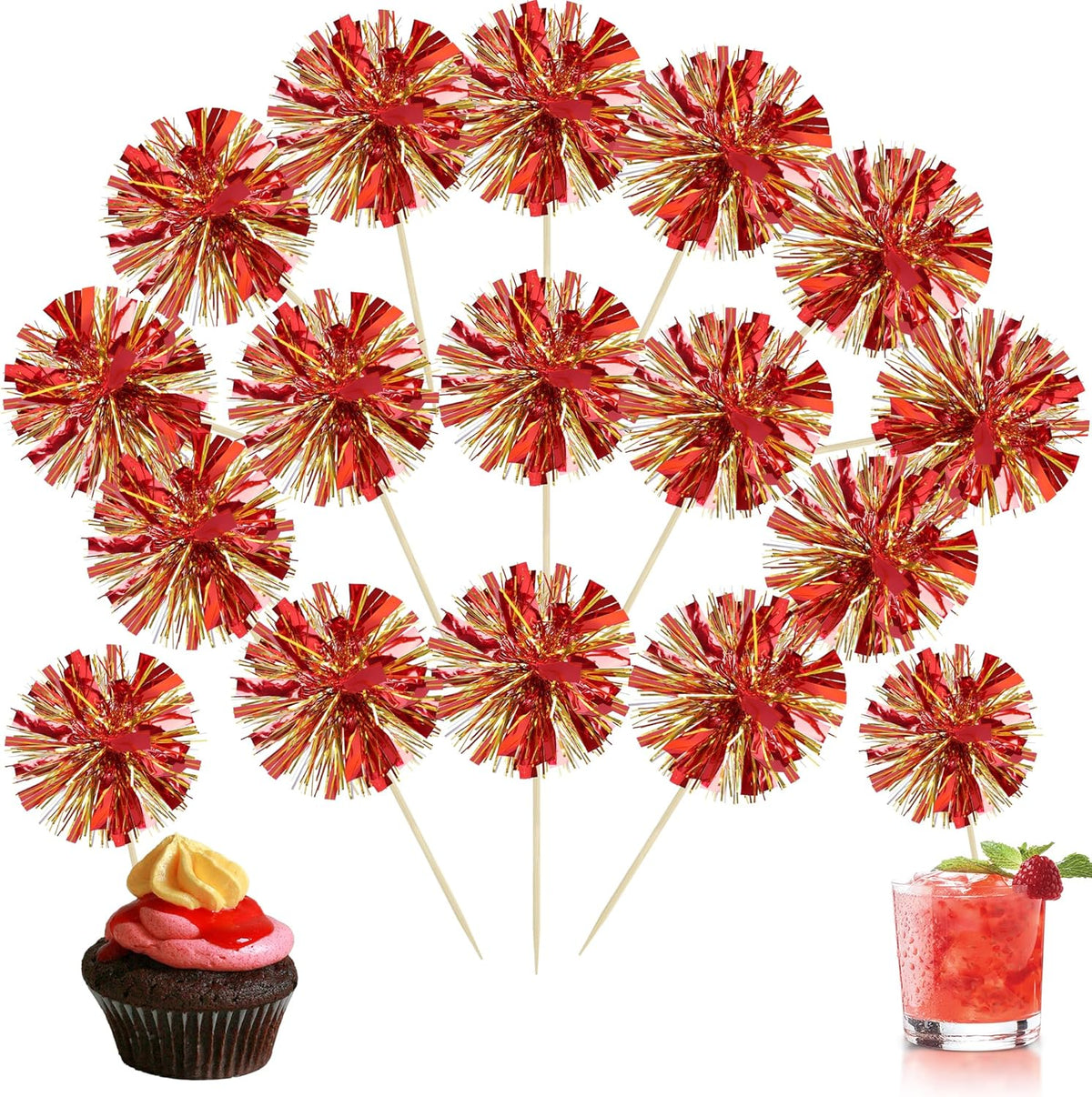 Ephlyn 30Pcs Foil Firework Cupcake Toppers Sparkle Tinsel Drink Birthday Cake Decorations Cocktail