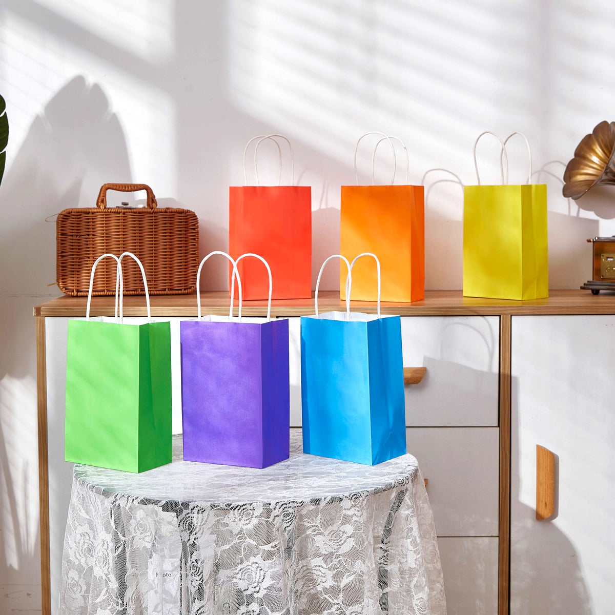 SUNCOLOR 24-Pack Rainbow Gift Bags with Handles, 8" Multi-Color Paper Party Favor Bags for Goodies.