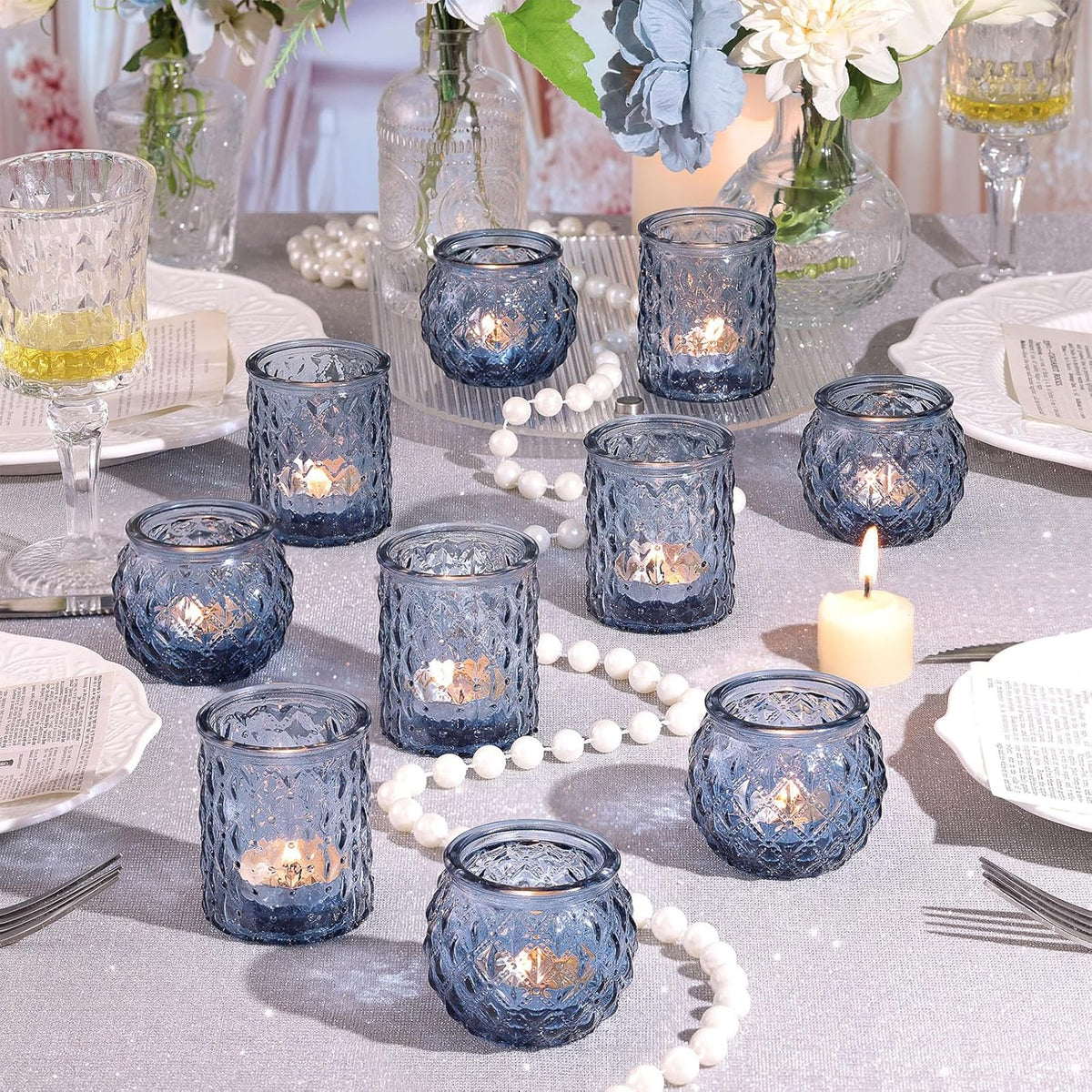 12pcs Assorted Blue Votive Candle Holders, Tea Lights Candle Holder for Wedding Decor, Blue Candle