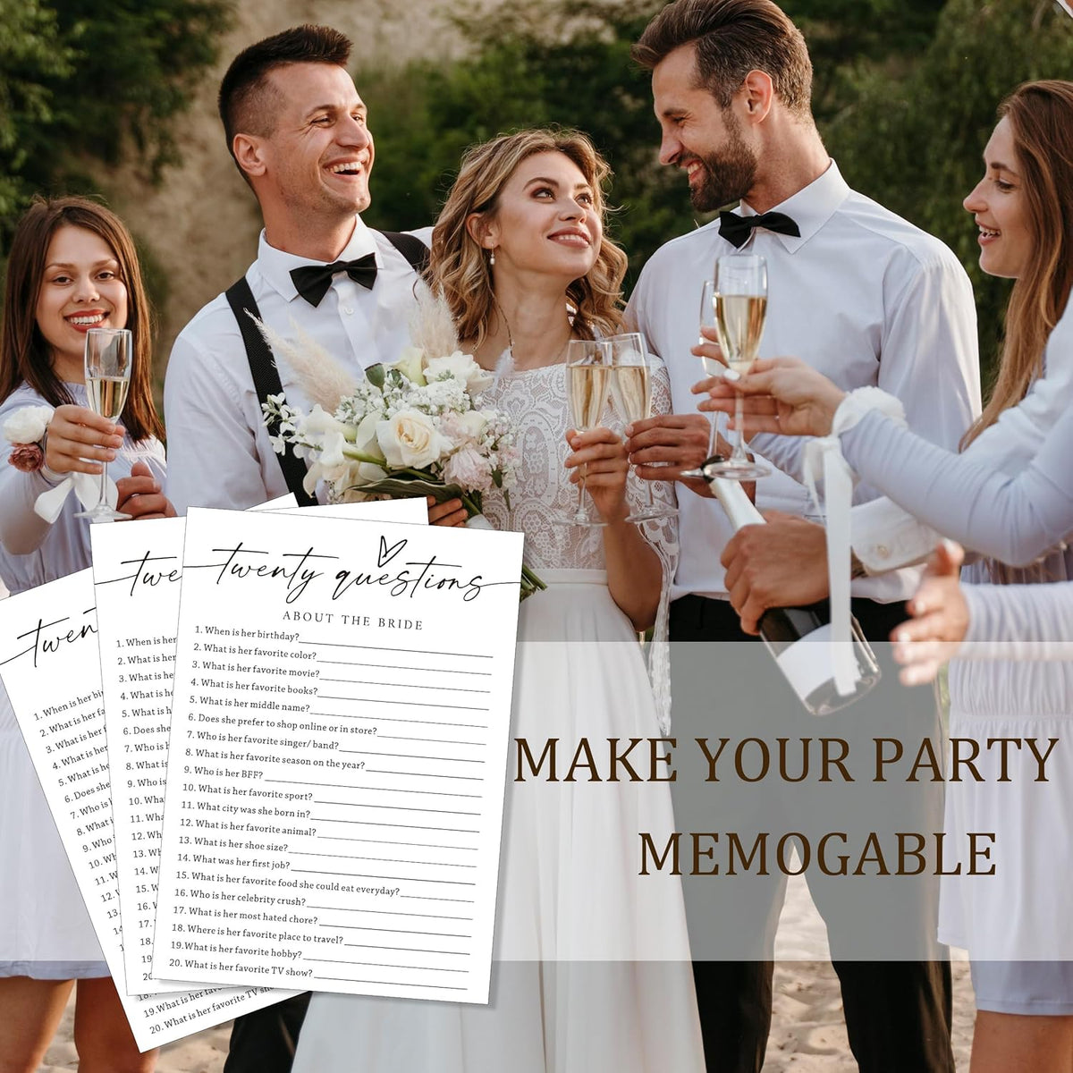 Fun Wedding Shower Games Cards, Twenty Questions About The Bride, Bridal Party Game and Favors for