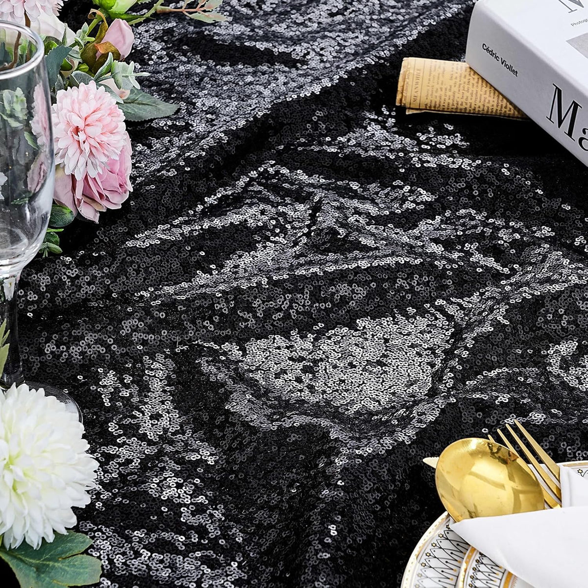 QueenDream Black Party Decorations Sequin Tablecloth: Glitter Overlay 90x90 Inch Table Drapes for