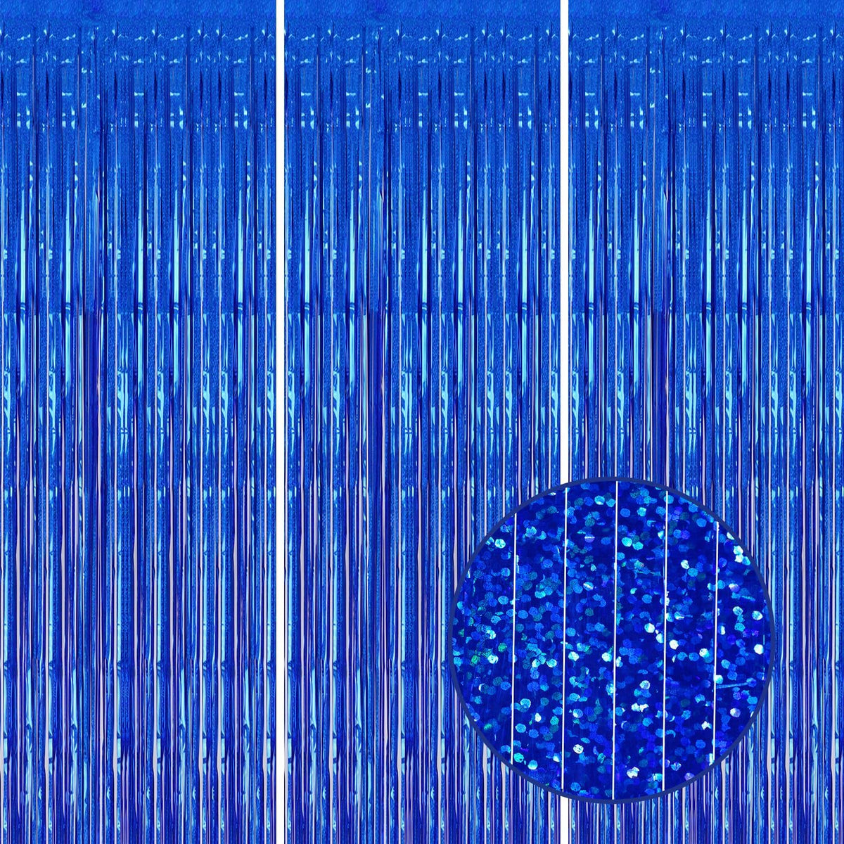 3 Pack Foil Fringe Backdrop - Laser Royal Blue Shiny Tinsel Curtains for Party Decoration/Photo
