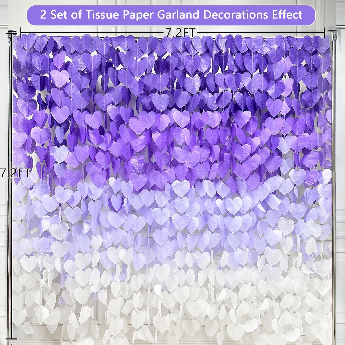 205Ft Lavender Party Decoration Ombre Purple White Heart Backdrop Streamer Tissue Paper Heart