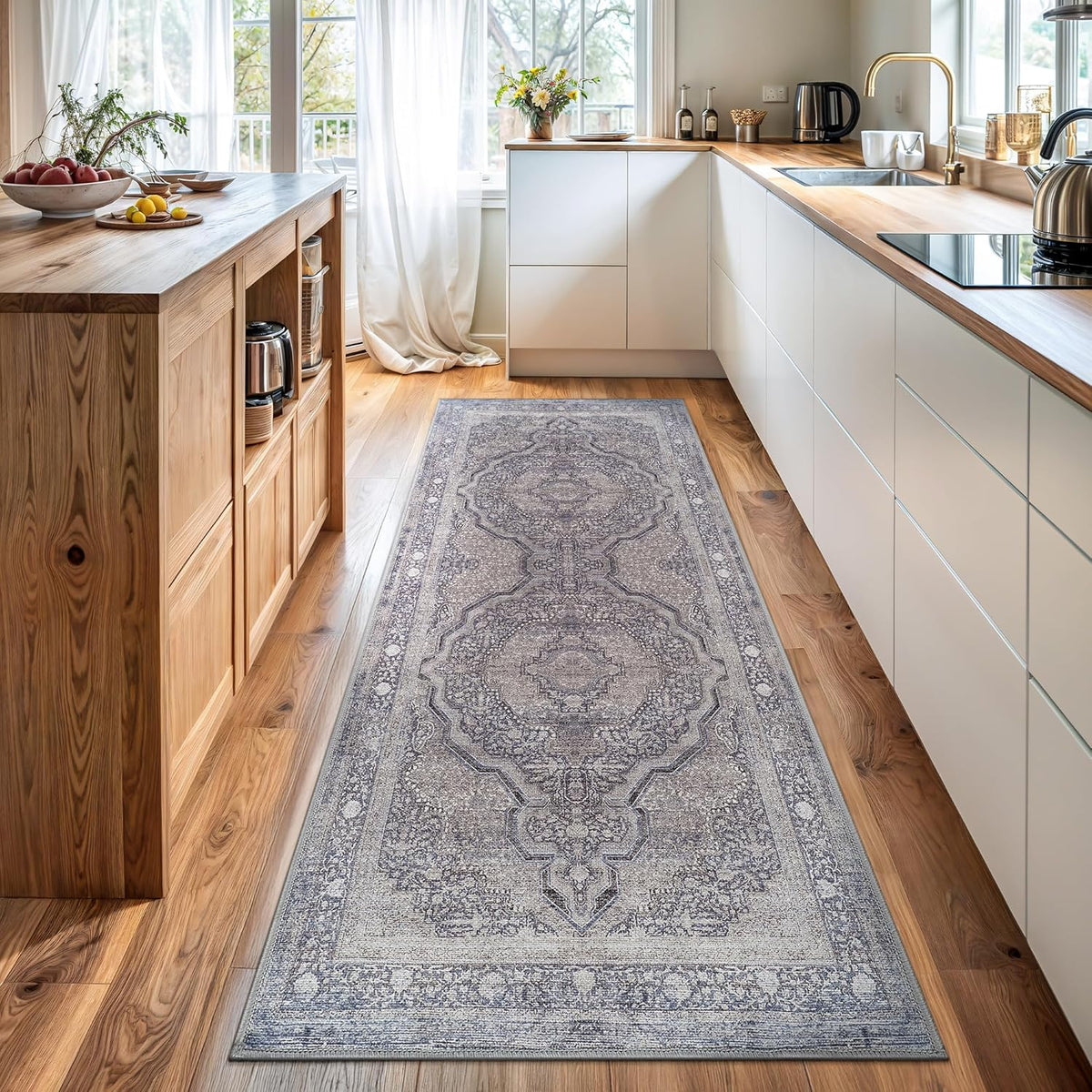 Bloom Rugs Washable Non-Slip 12 ft Runner - Blue/Steel Gray/Beige Traditional Medallion Runner for