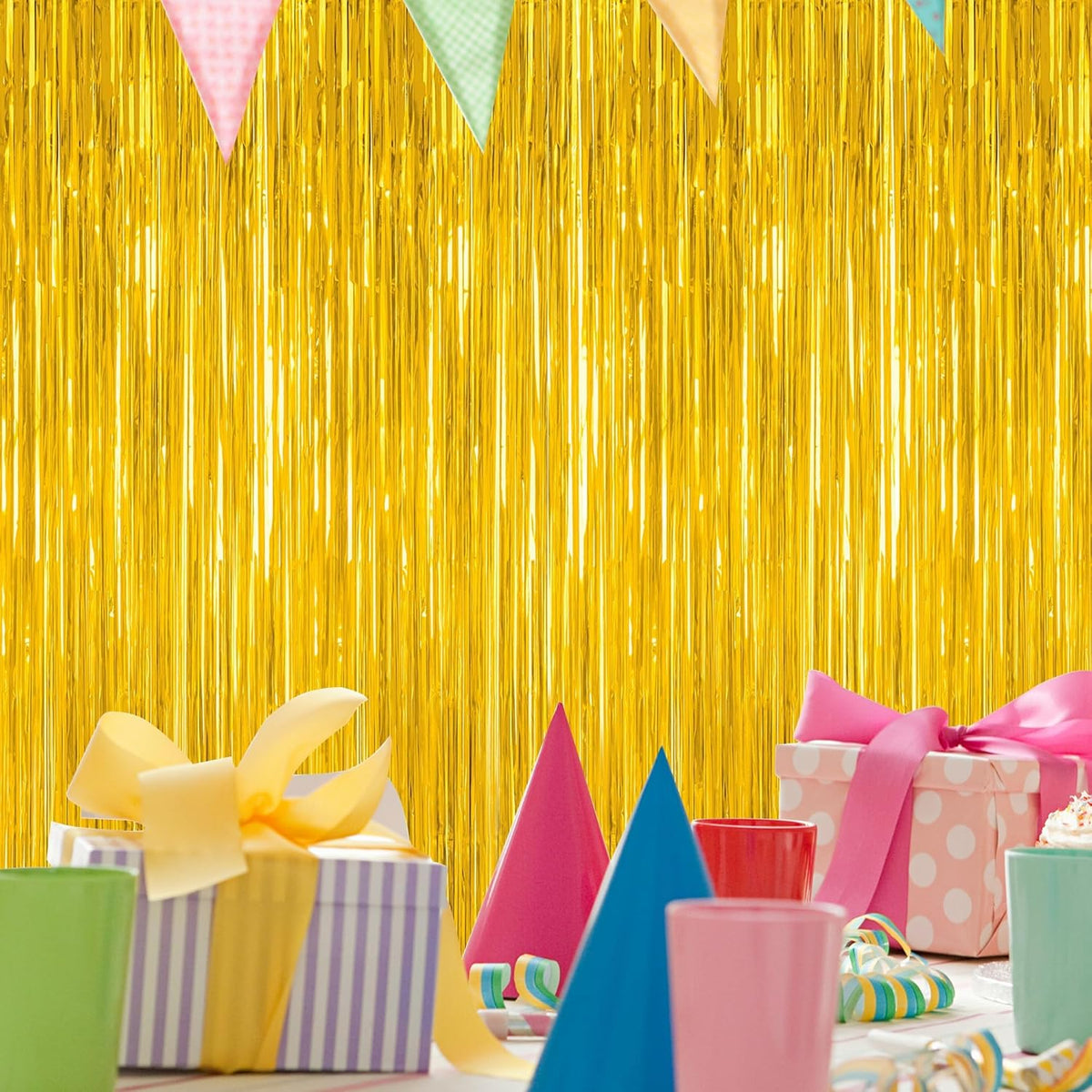 2 Pack Gold Tinsel Backdrop, 3.28 FT x 7.05 FT Metallic Fringe Curtain, Gold Color Graduation
