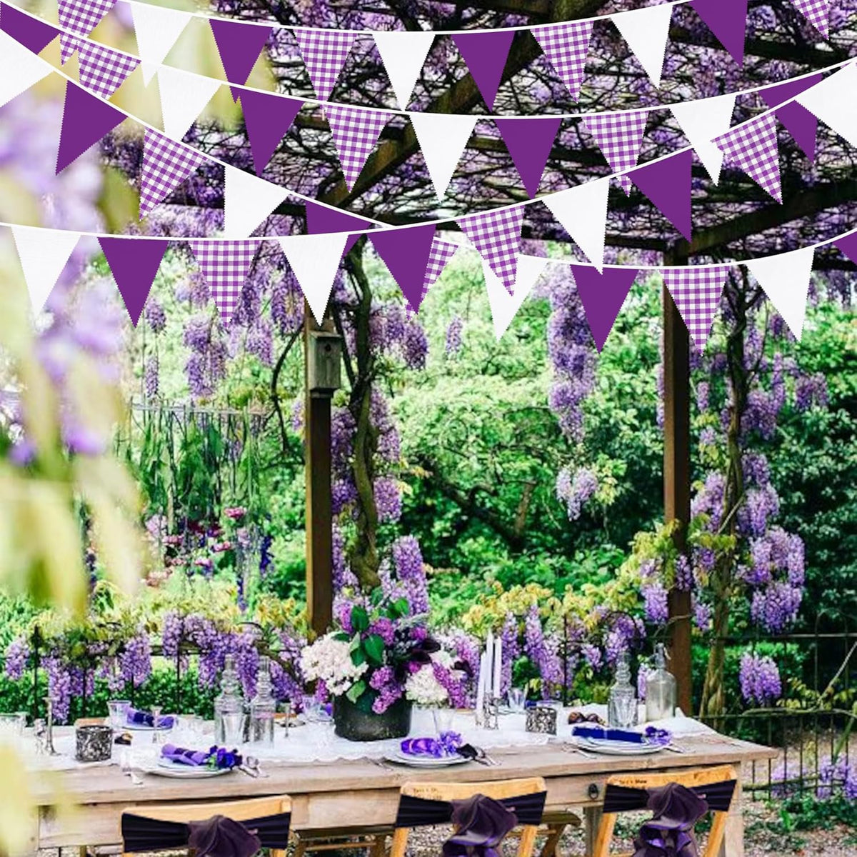 32Ft Purple Party Decorations Purple Buffalo Plaid Checkered White Triangle Flag Gingham Pennant