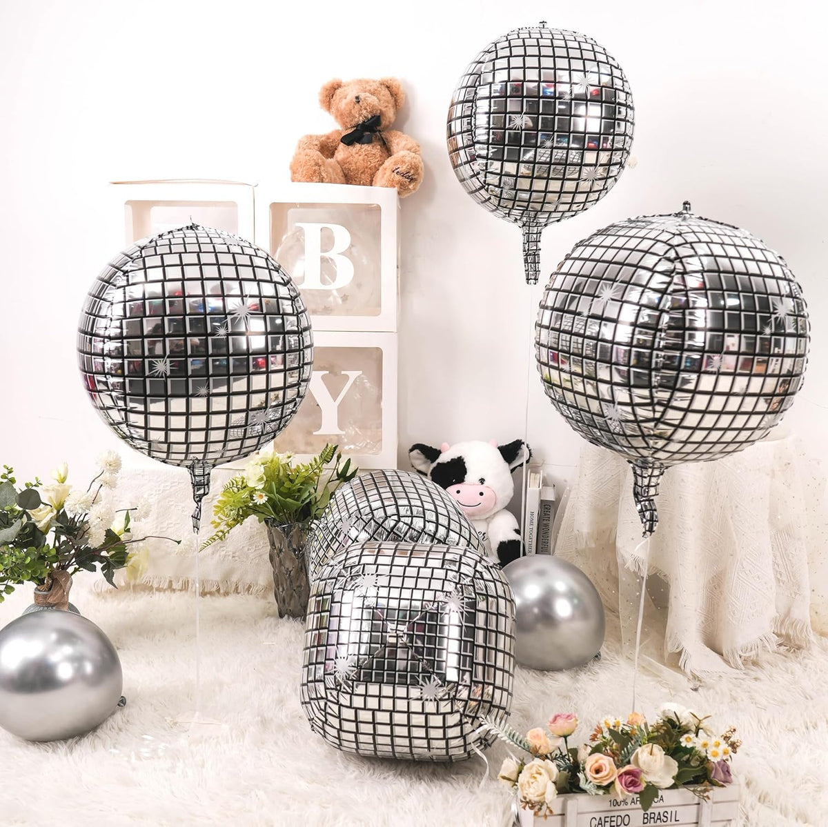 6Pcs Giant 4D Disco Ball Balloons, Sparkle Silver Disco Party Decorations, 22 Inch Round Foil